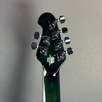 Back of headstock of Used Ernie Ball MusicMan Majesty 6 John Petrucci Gravity Green.