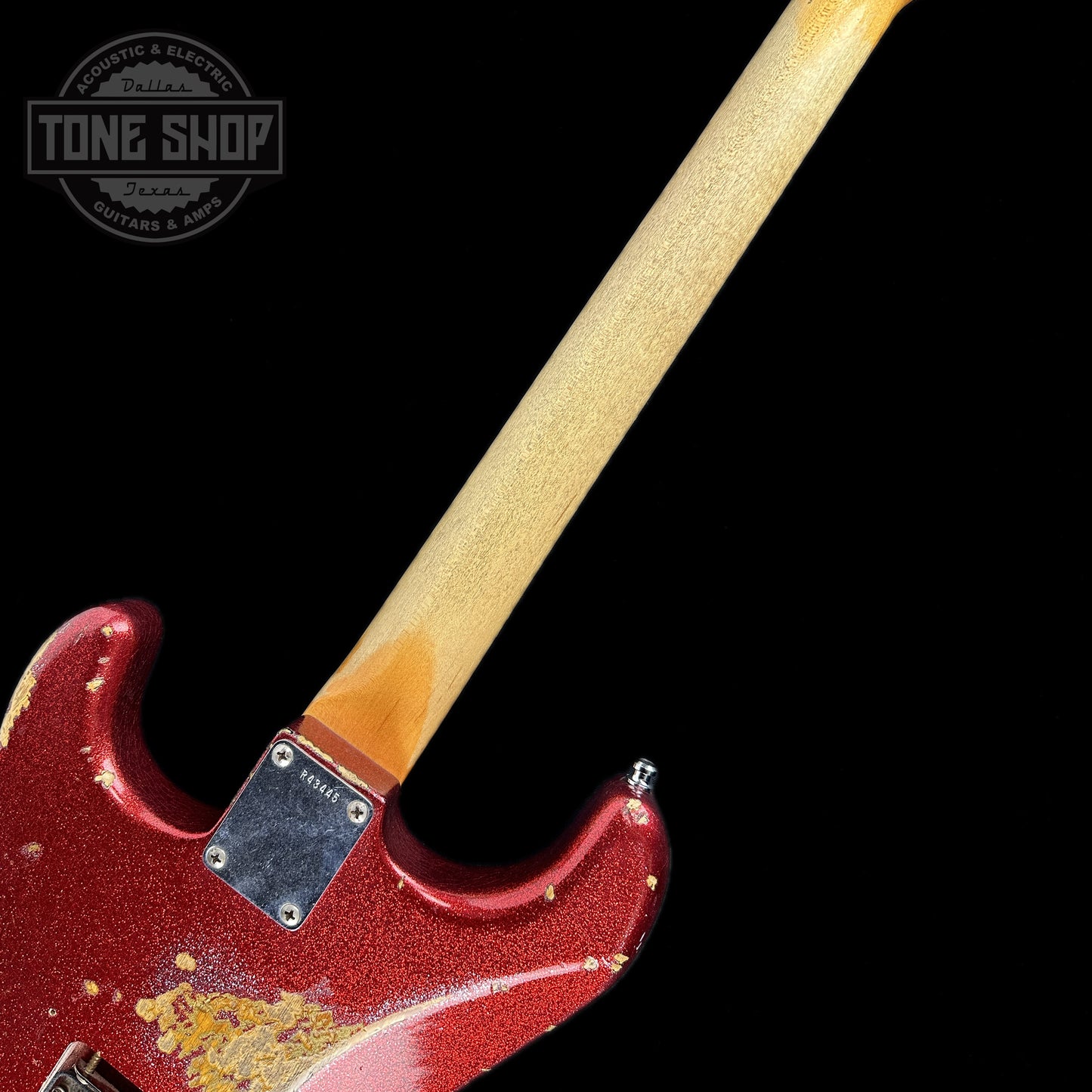 Back of neck of Used Fender Custom Shop Jason Smith Masterbuilt Strat 60s Relic Red Sparkle.