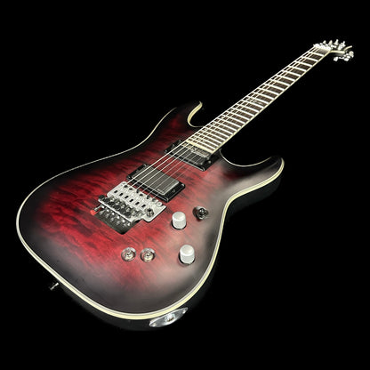 Front angle of Used Schecter C1 FR Platinum Sustainer Crimson Red Burst.