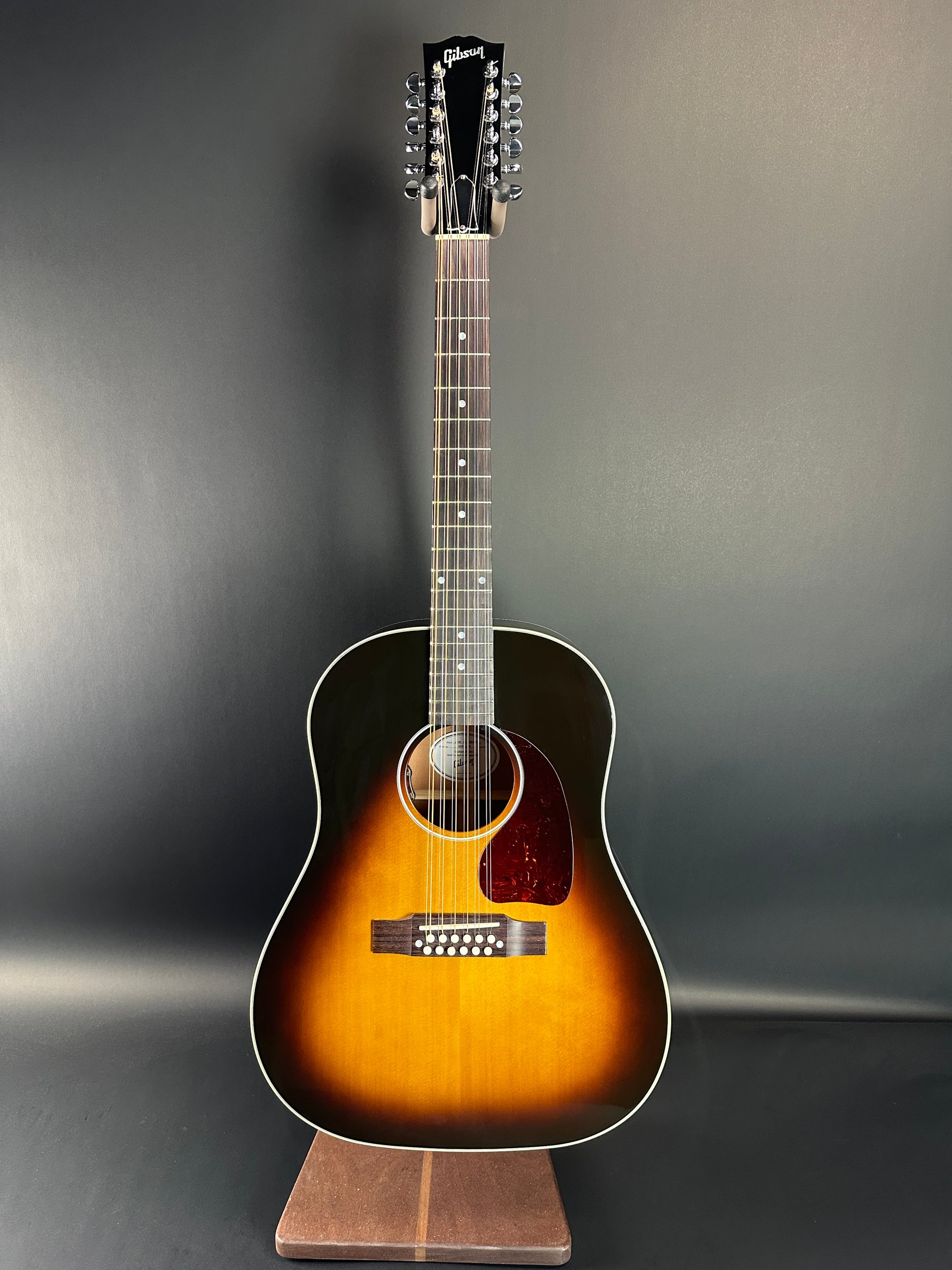 Full front of Used Gibson J-45 Standard 12 String Vintage Sunburst.