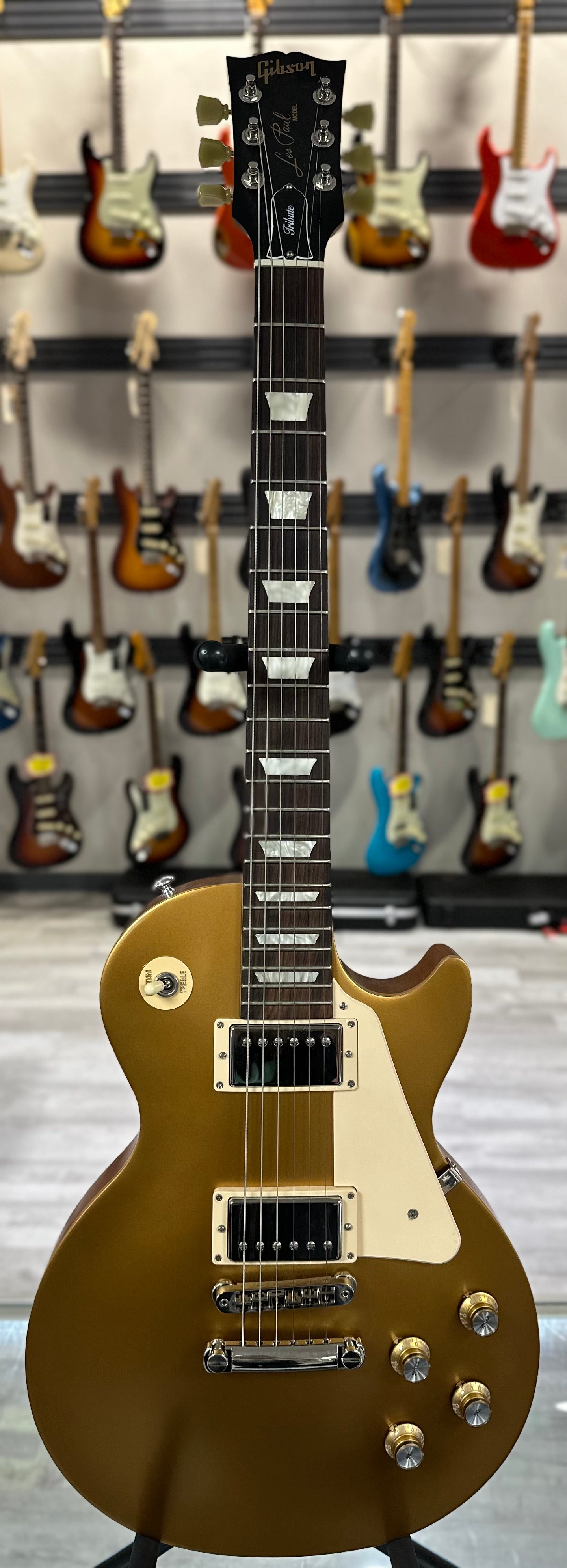 Full front of Used Gibson Les Paul Tribute Satin Gold Top w/bag TSS4414