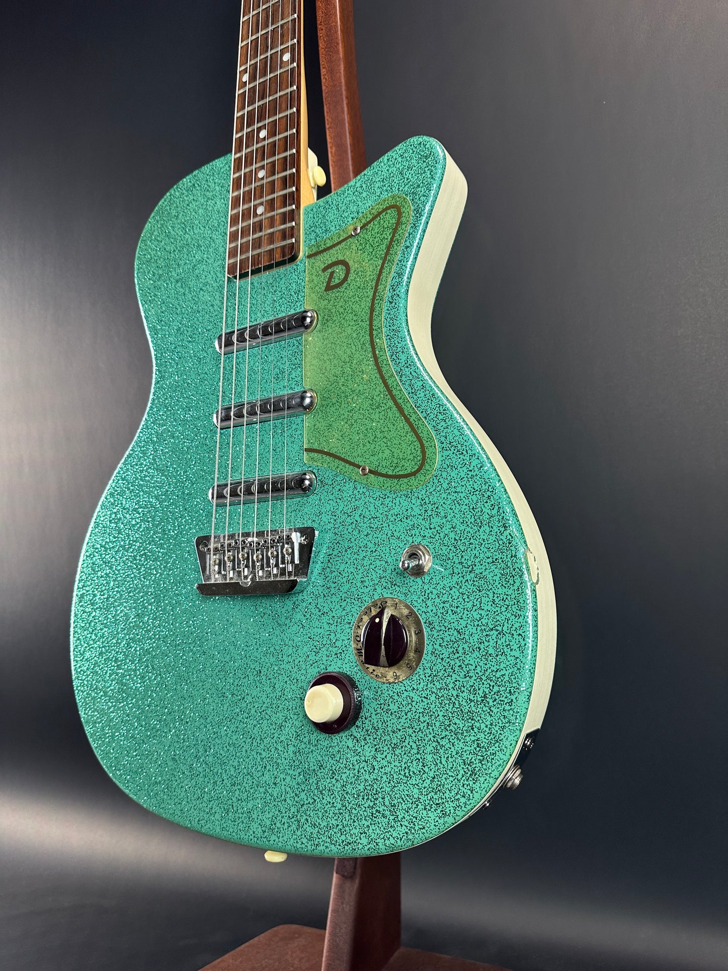 Front angle of Used Danelectro '56 U3 Green Sparkle.