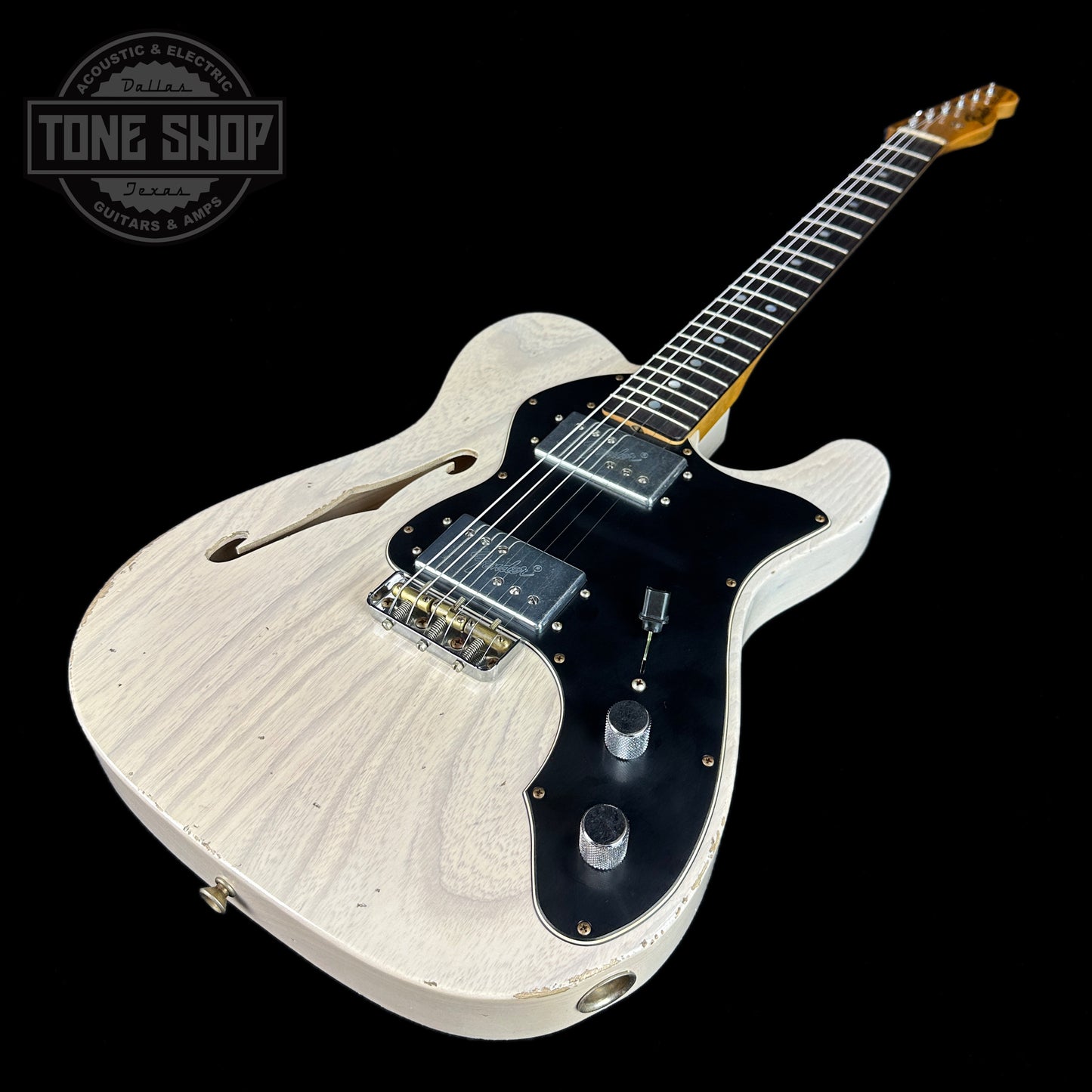 Front angle of Fender Custom Shop Limited Edition 'Bobbed" Tele Thinline Relic Aged White Blonde.