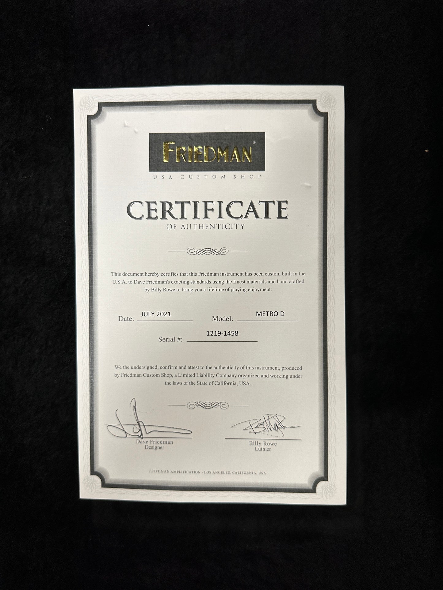 Certificate of authenticity for Used Friedman Aged Metro D Reseda Green.