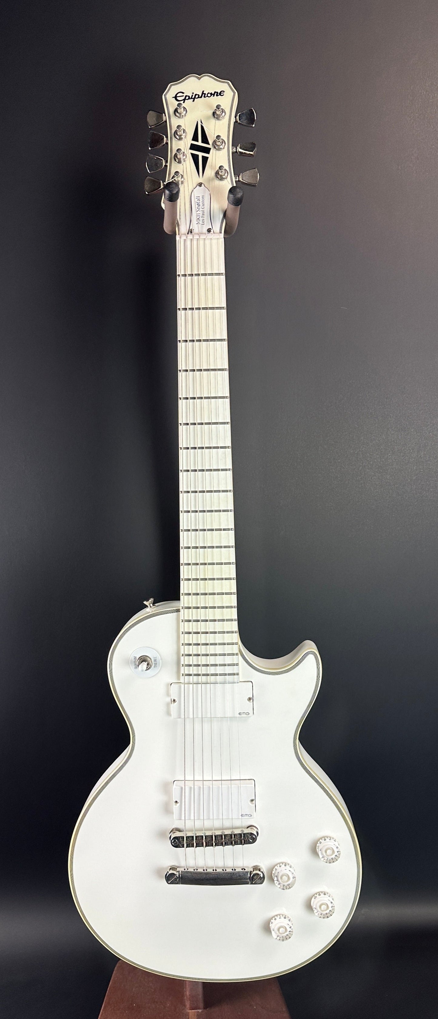 Full front of Used Epiphone Matt Heafy "Snofall" Les Paul Custom White.