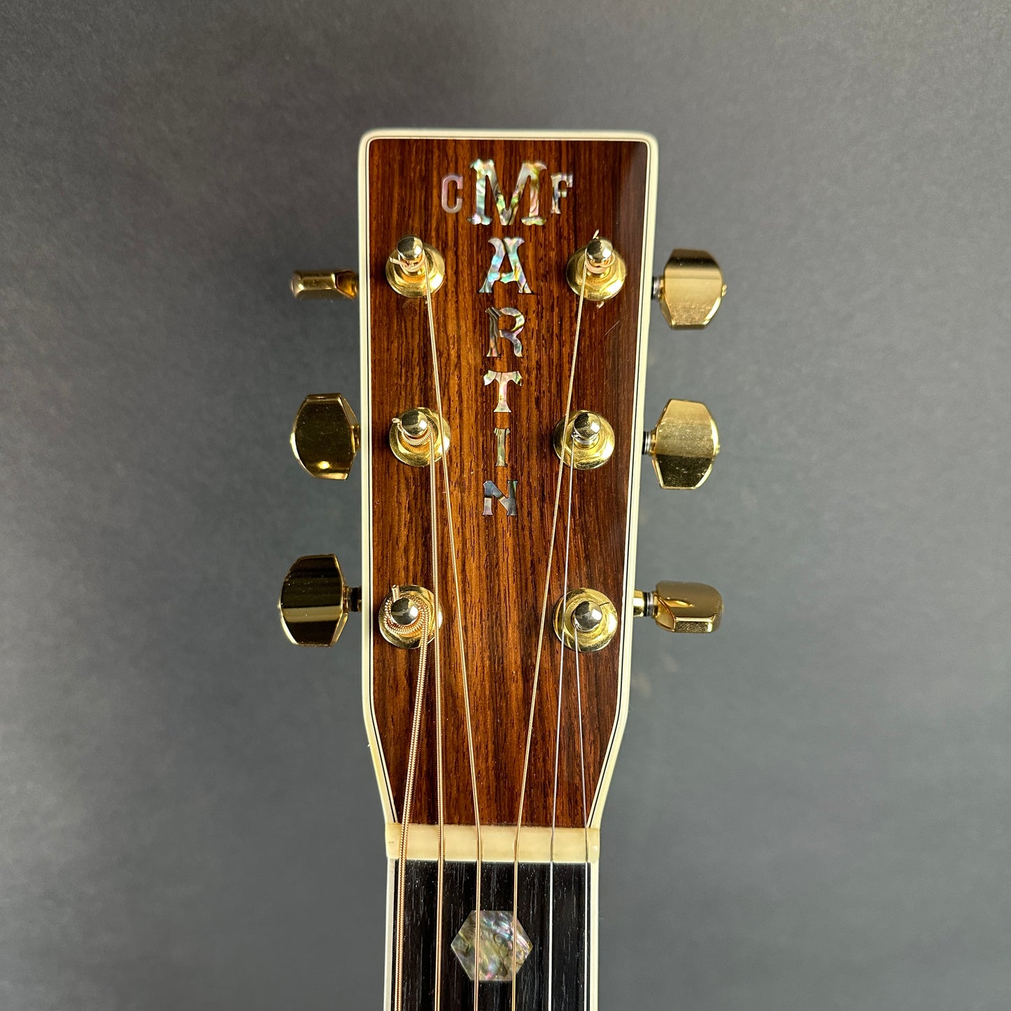 Front of headstock of Used Martin D-41 Natural.