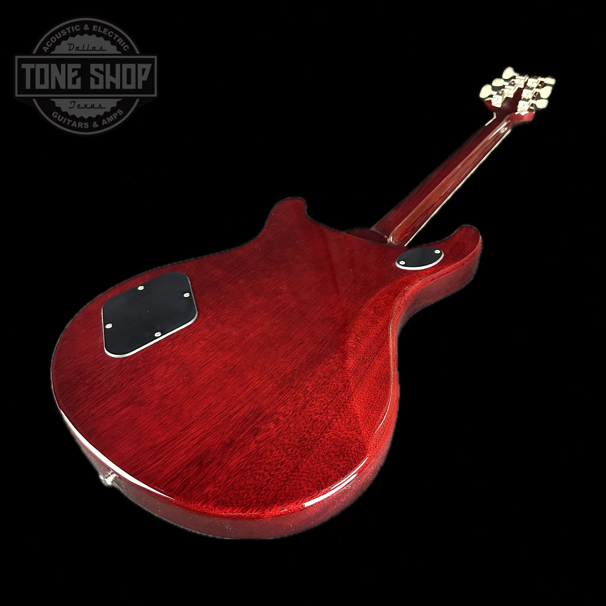 Back angle of PRS S2 McCarty 594 2024 Spec TSG Flame Top Dark Cherry Sunburst.