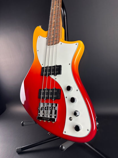 Front angle of Used Fender Player Plus Meteora Bass Tequila Sunrise.