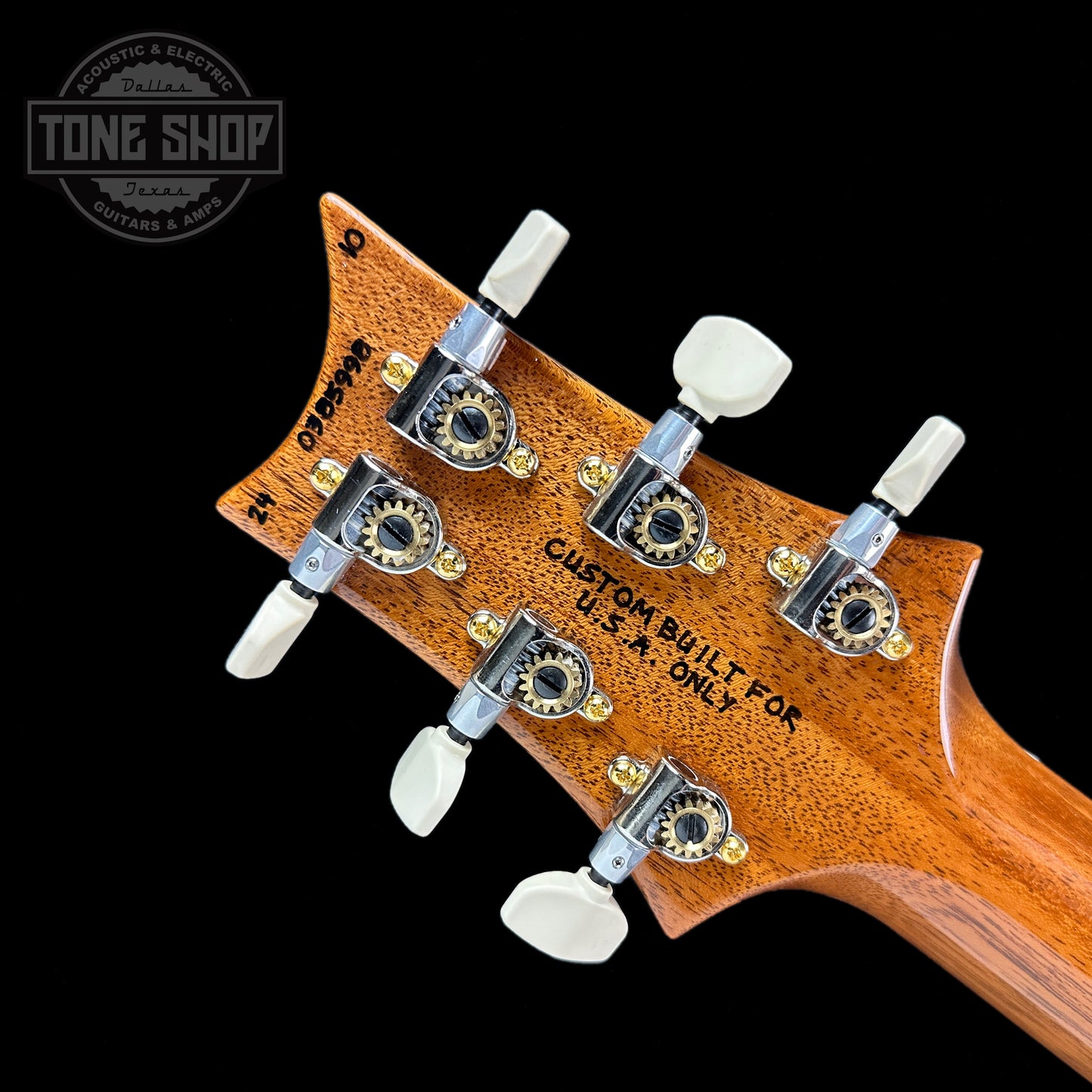 Back of headstock of PRS Wood Library Hollowbody II Piezo 10-top Blue Fade Braz RW.