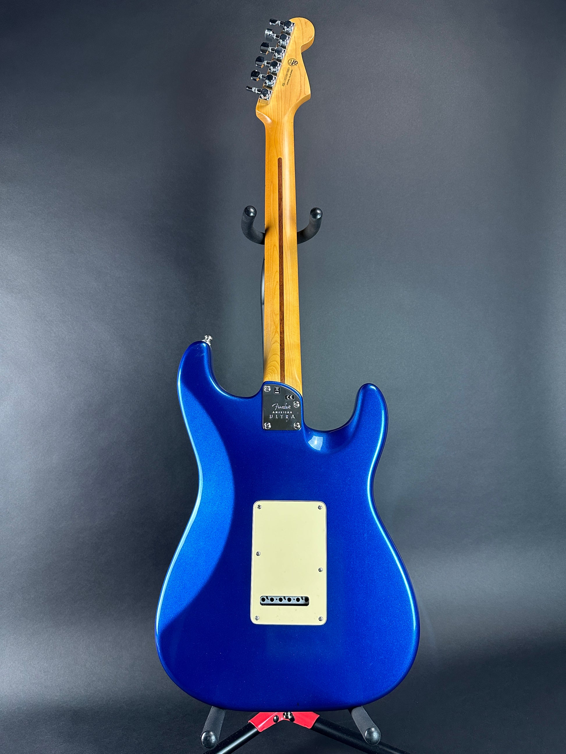 Full back of Used Fender American Ultra Stratocaster Left Hand Cobra Blue.