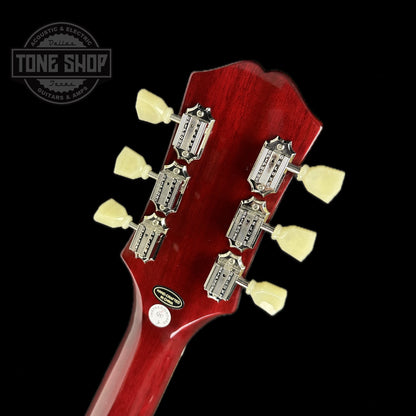 Back of headstock of Used Epiphone ES-335 Figured Limited Raspberry Burst.