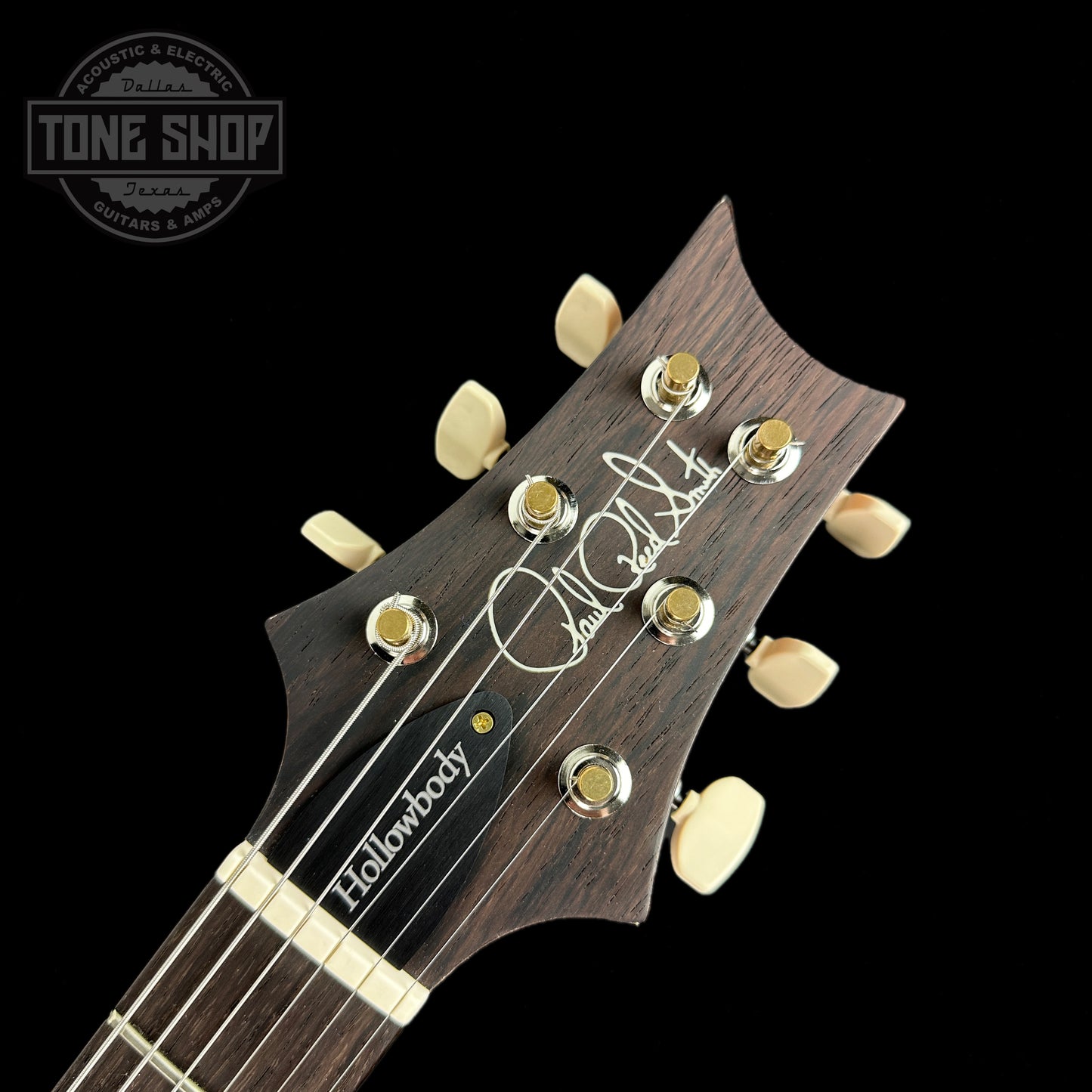 Front of headstock of PRS Wood Library Hollowbody II Piezo 10-top Blue Fade Braz RW.