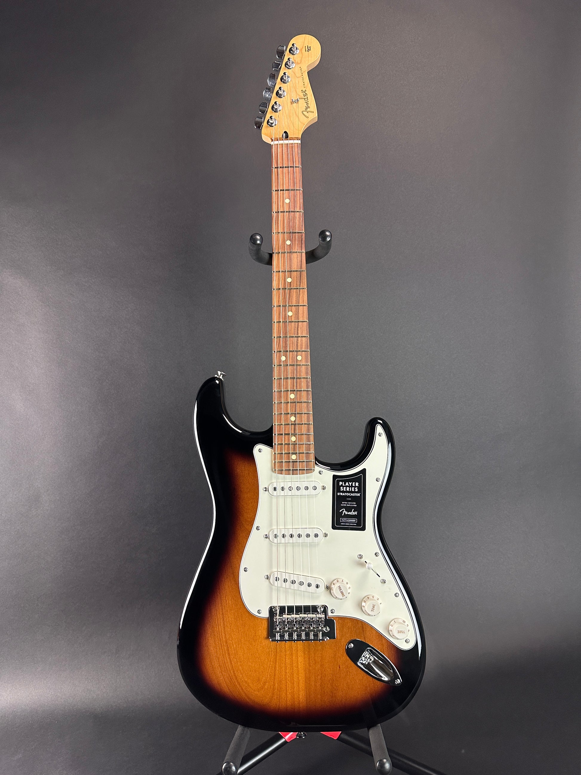 Full front of Used 2024 Fender Player Stratocaster Pau Ferro 2-Tone Sunburst.