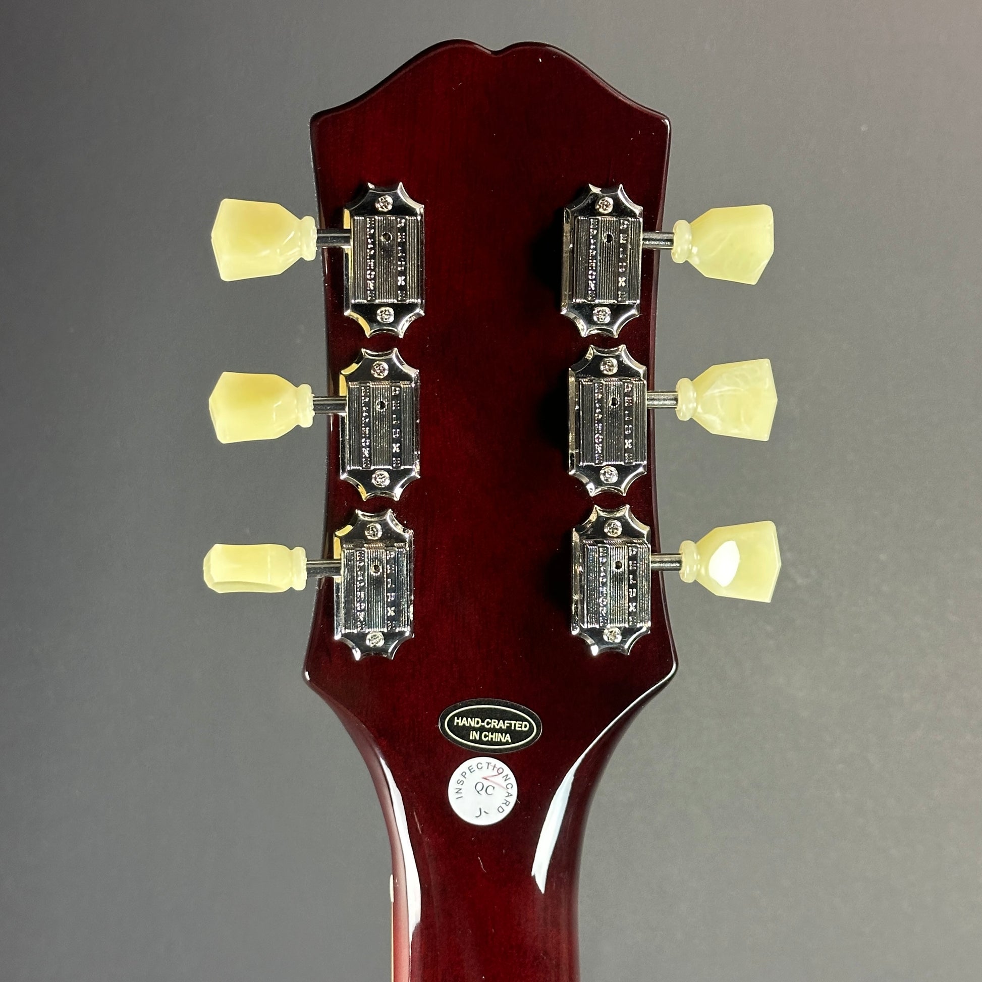 Back of headstock of Used Epiphone ES-335 Figured Blueberry Burst.