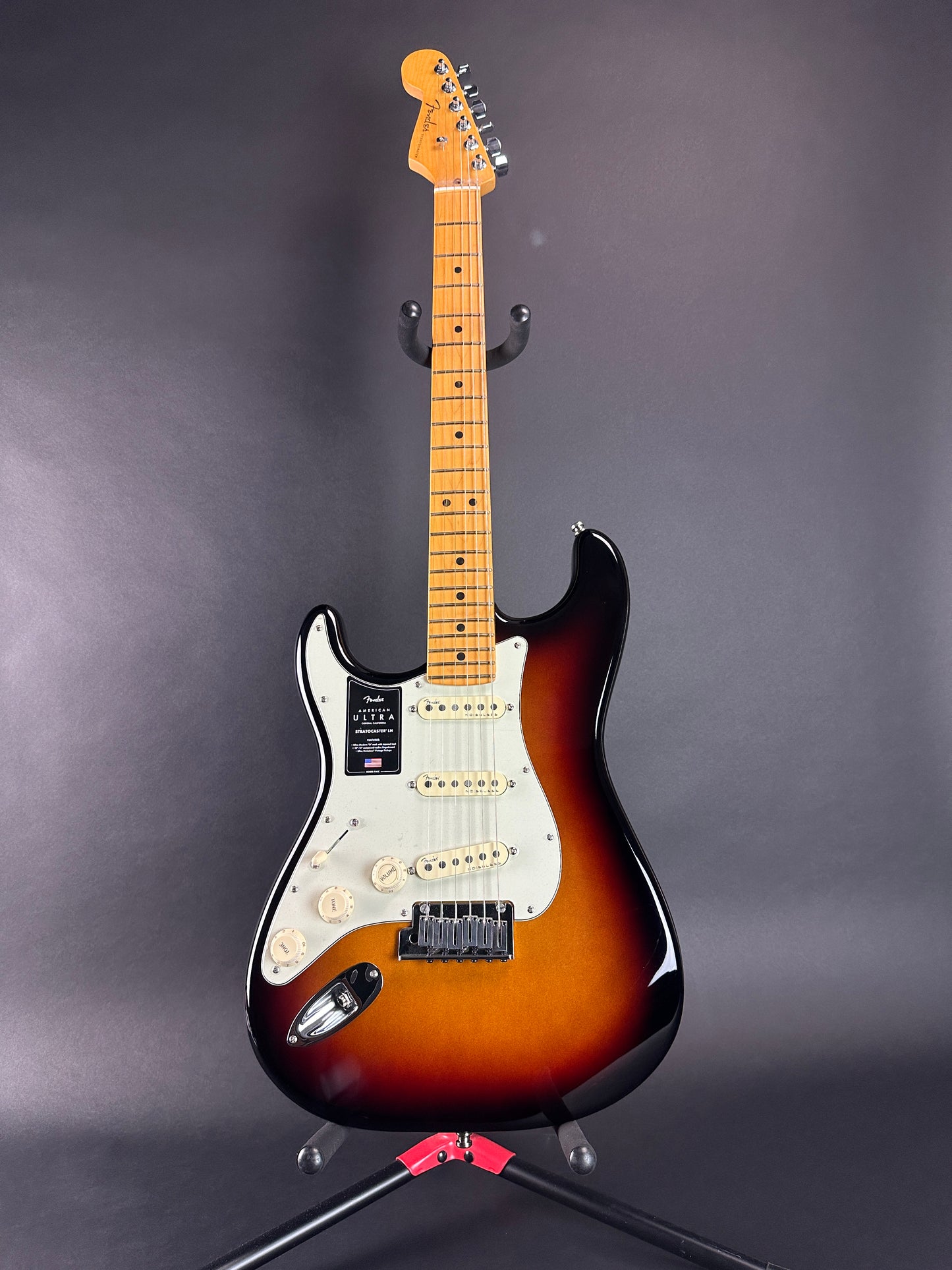 Full front of Used Fender American Ultra Stratocaster Left Hand Ultraburst.