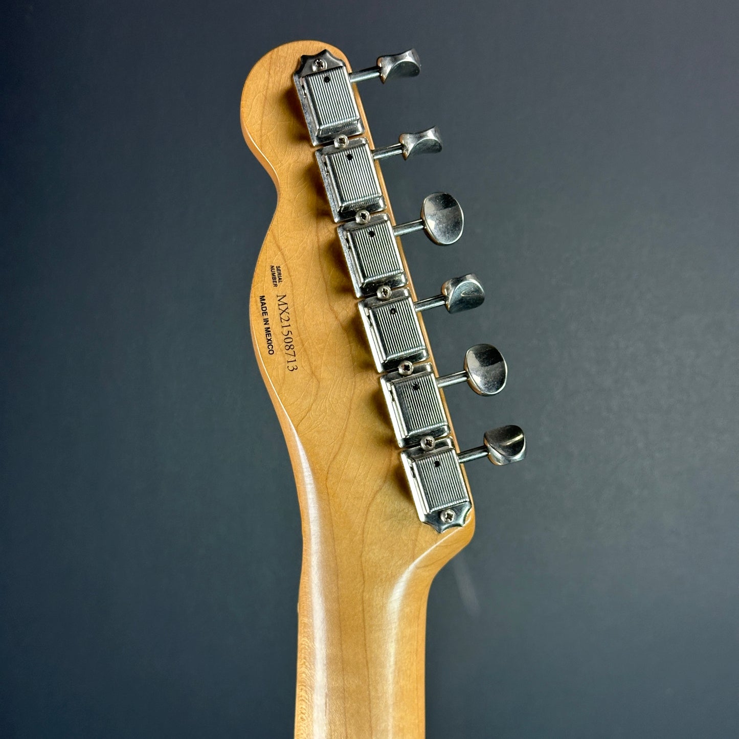 Back of headstock of Used Fender Brad Paisley Esquire Black Sparkle.