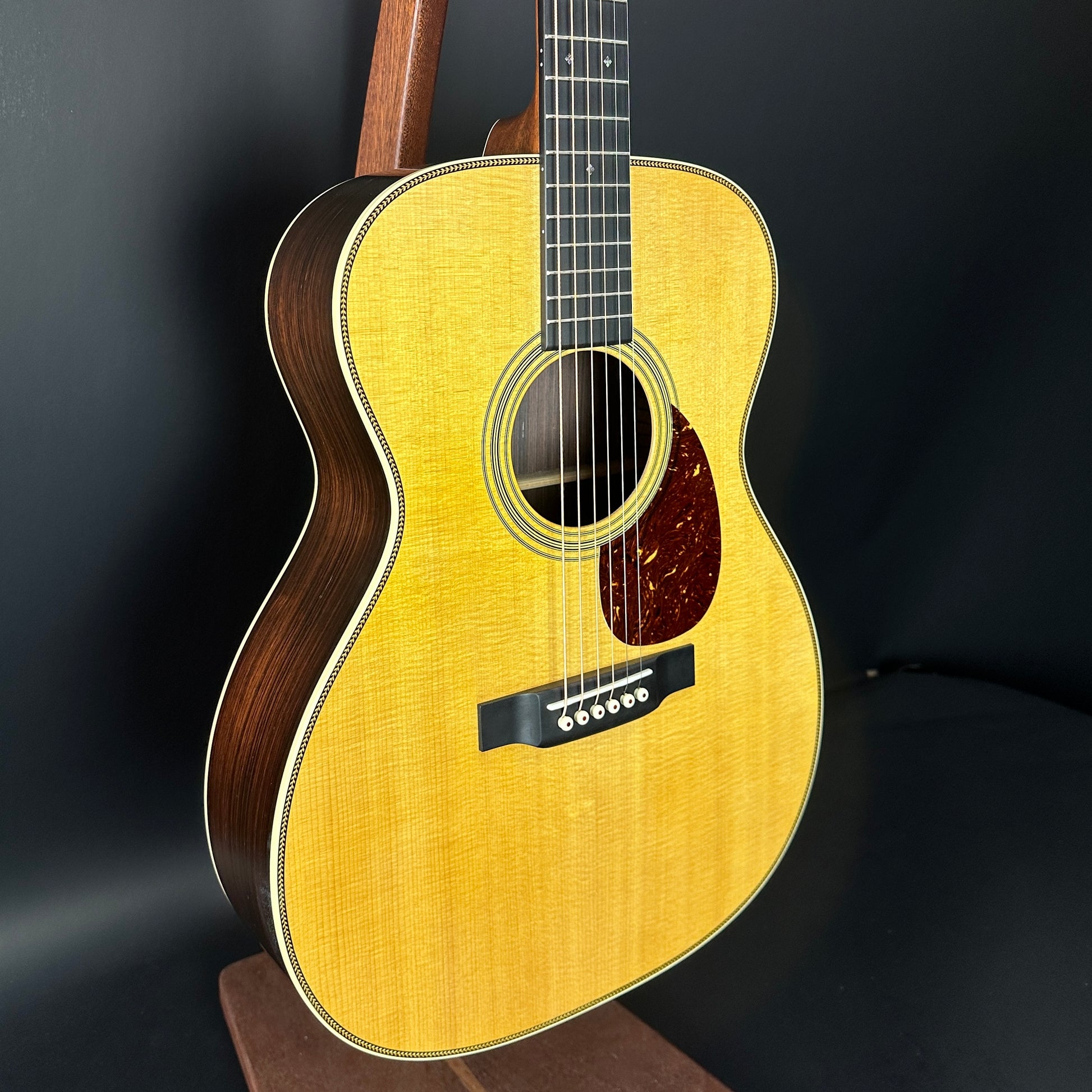 Front angle of Used Martin OM-28 Natural.