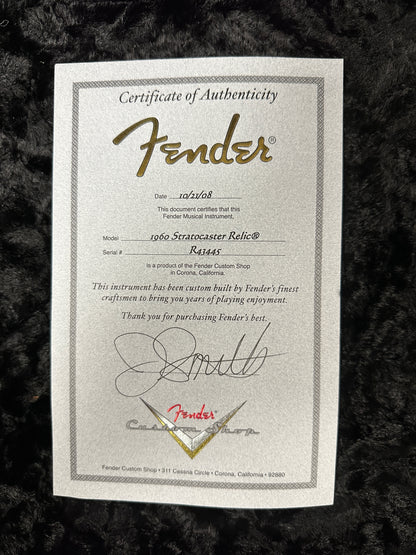 Certificate of authenticity for Used Fender Custom Shop Jason Smith Masterbuilt Strat 60s Relic Red Sparkle.