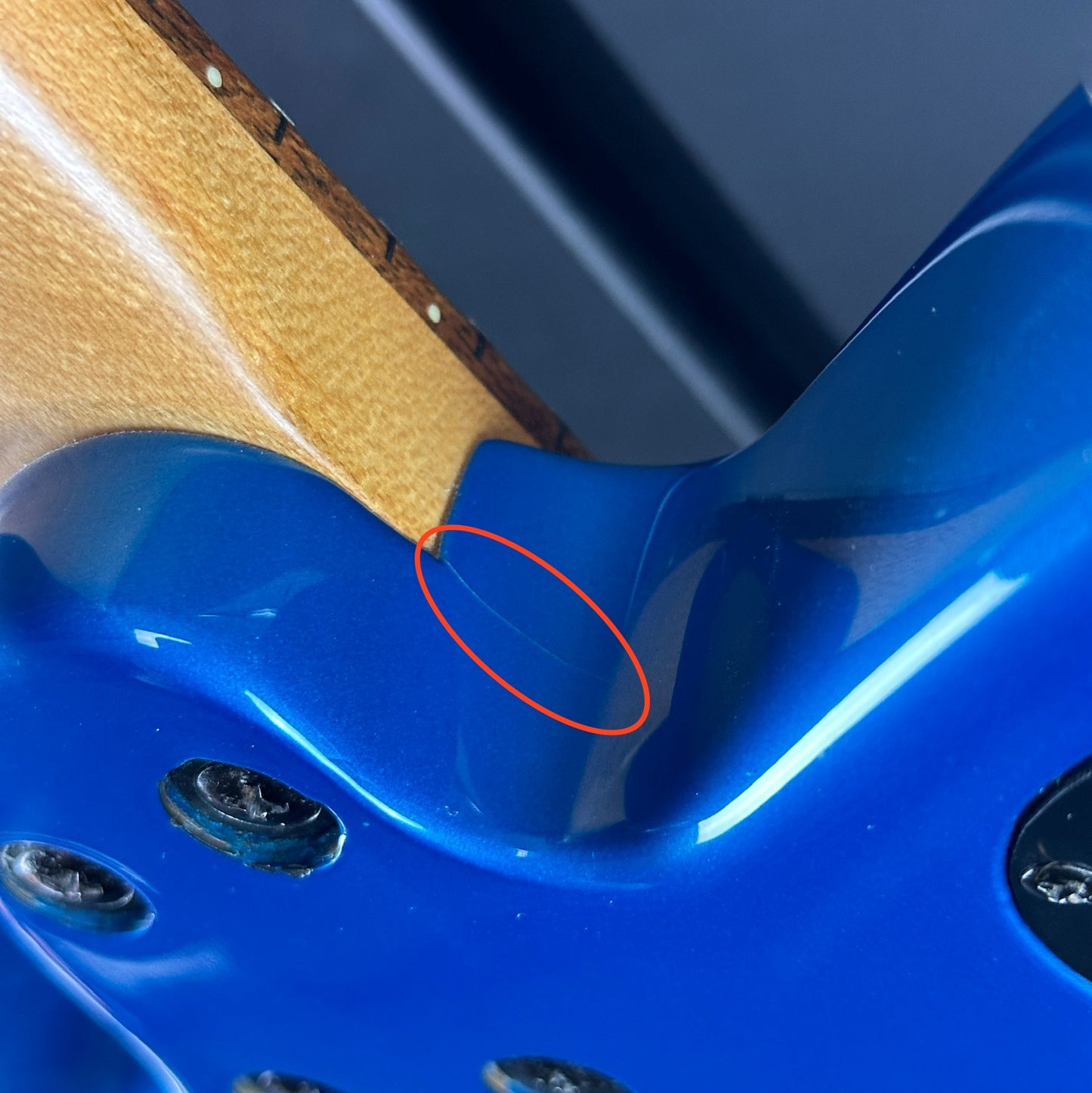 Finish crack near neck joint of Used Fender Tornado GT HH Blue.