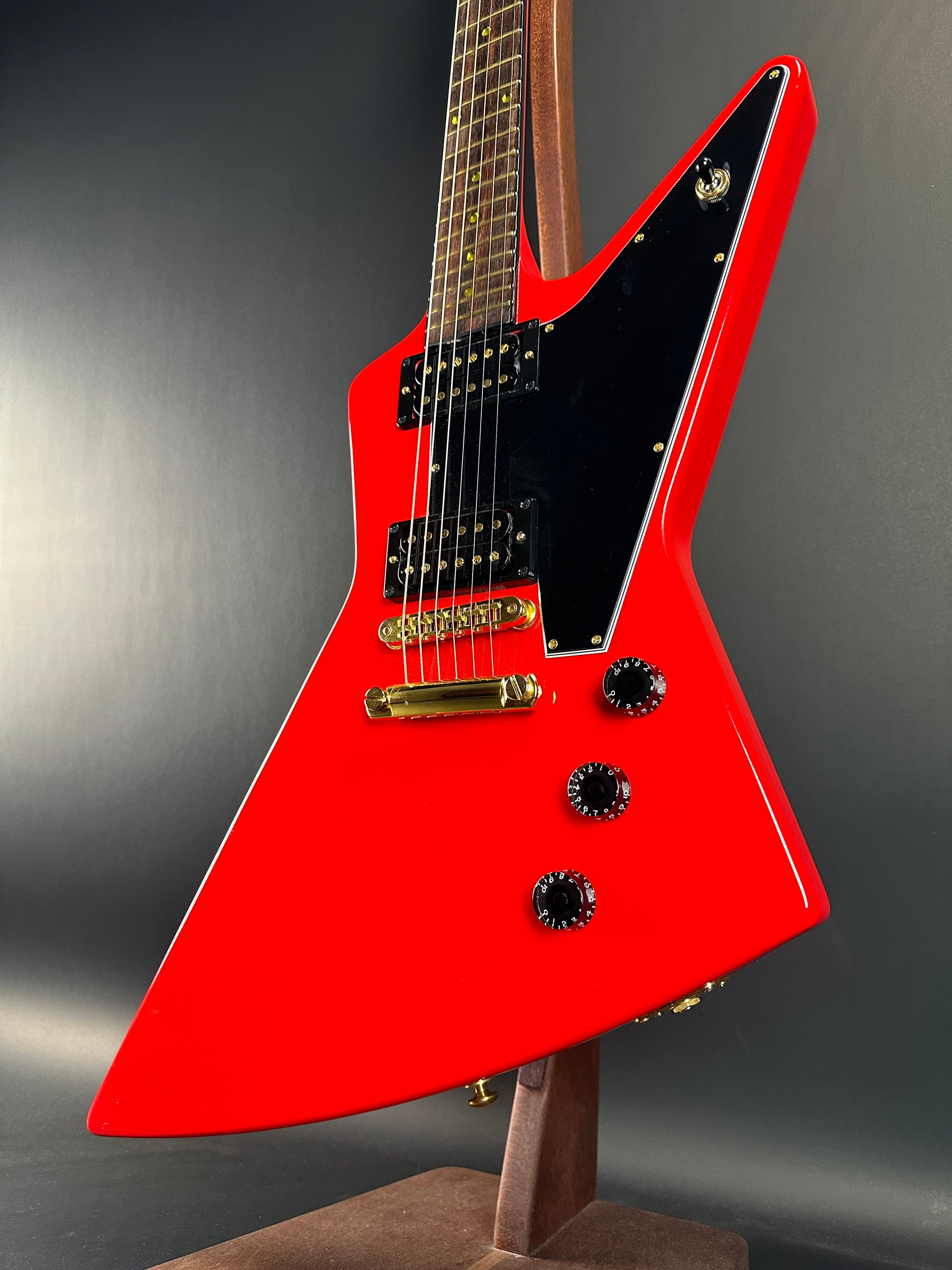 Front angle of Used Gibson Lzzy Hale Signature Explorerbird Cardinal Red.