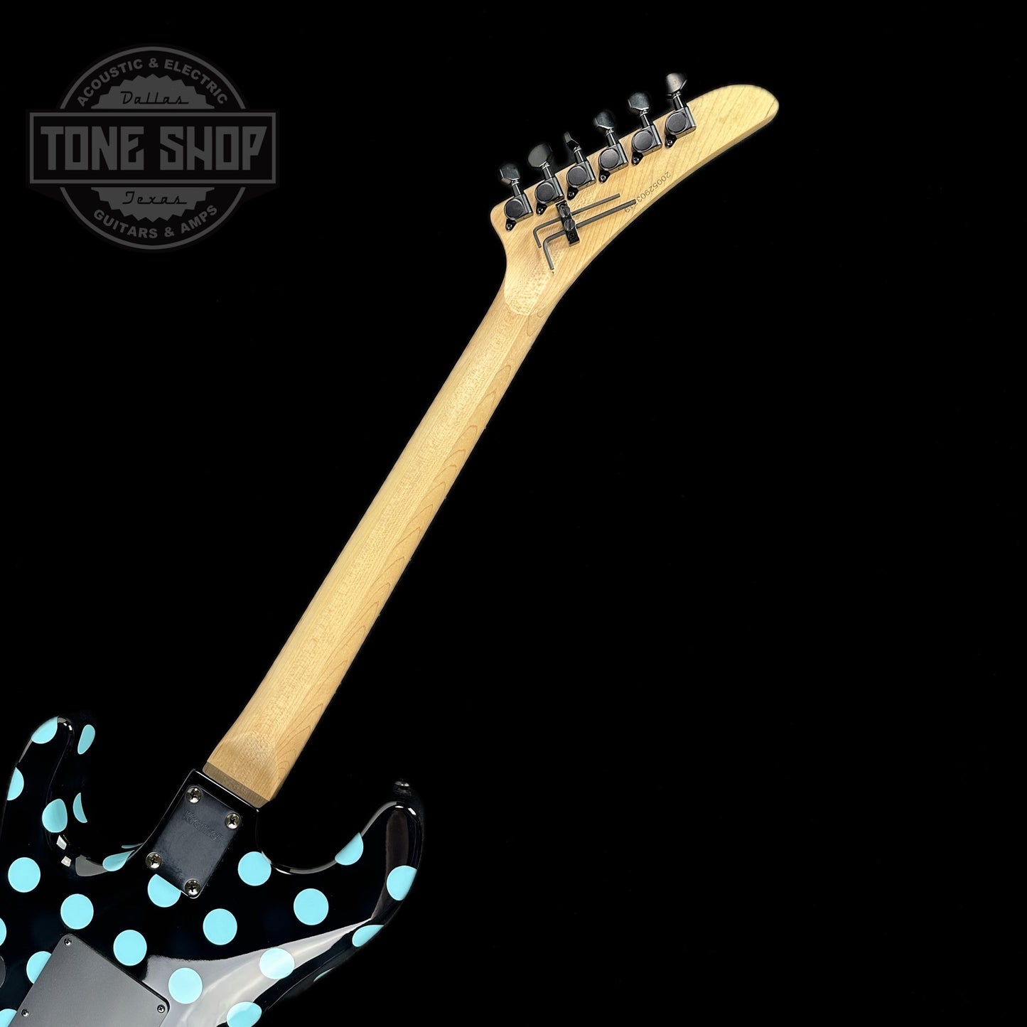 Back angle of Used Kramer Night Swan Blue Polka Dots.