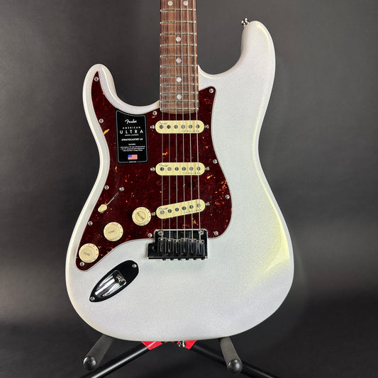 Front of Used Fender American Ultra Stratocaster Left Hand Arctic Pearl.