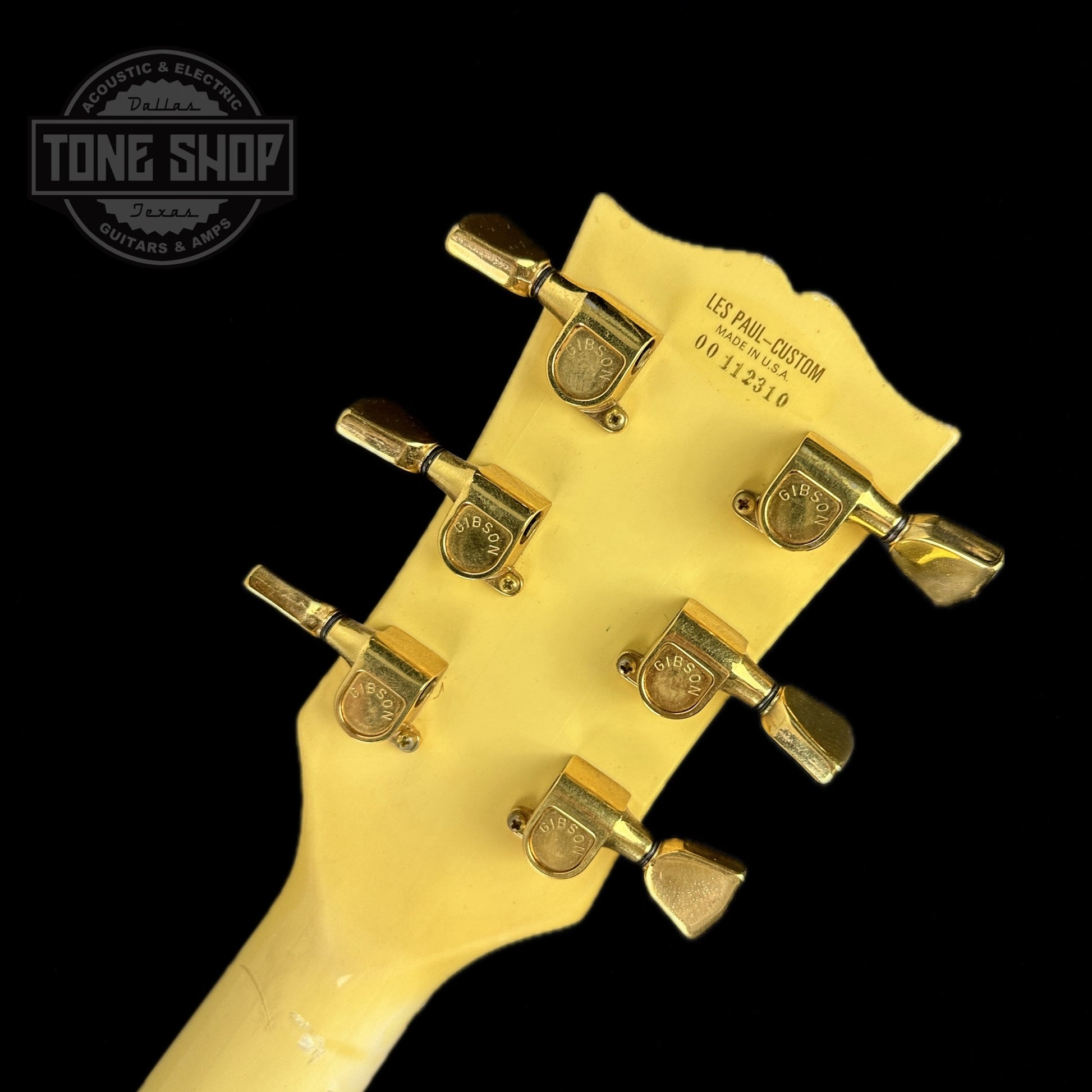 Back of headstock of Vintage 1976 Gibson Les Paul Custom White.