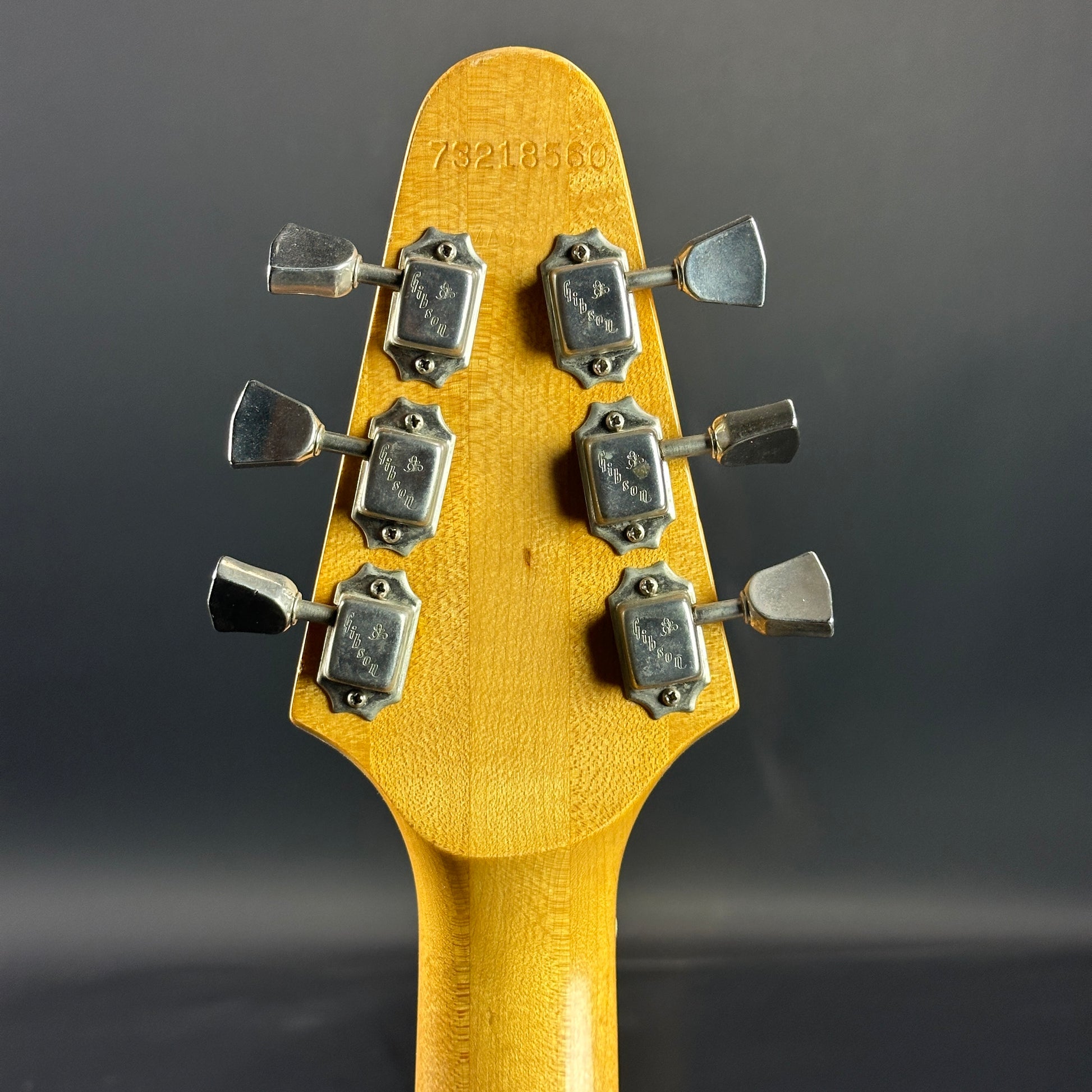 Back of headstock of Vintage 1978 Gibson Marauder Natural.