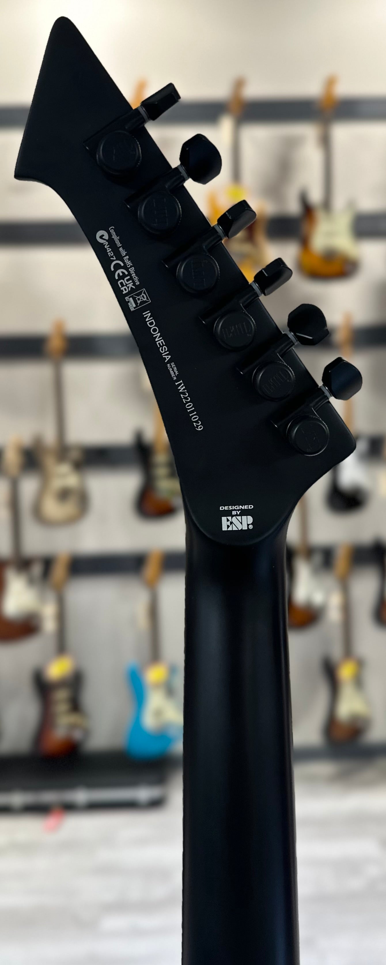 Back of headstock of Used ESP LTD SnakeByte James Hetfield Signature Black Satin w/case TSS4320