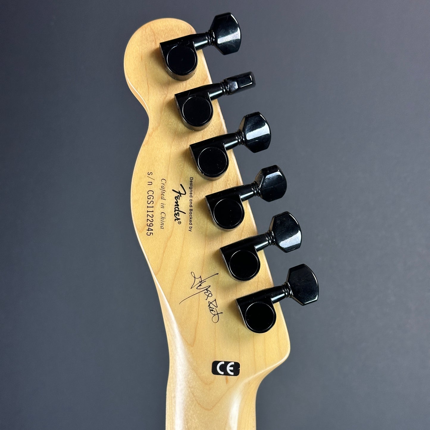 Back of headstock of Used Squier Jim Root Tele White.