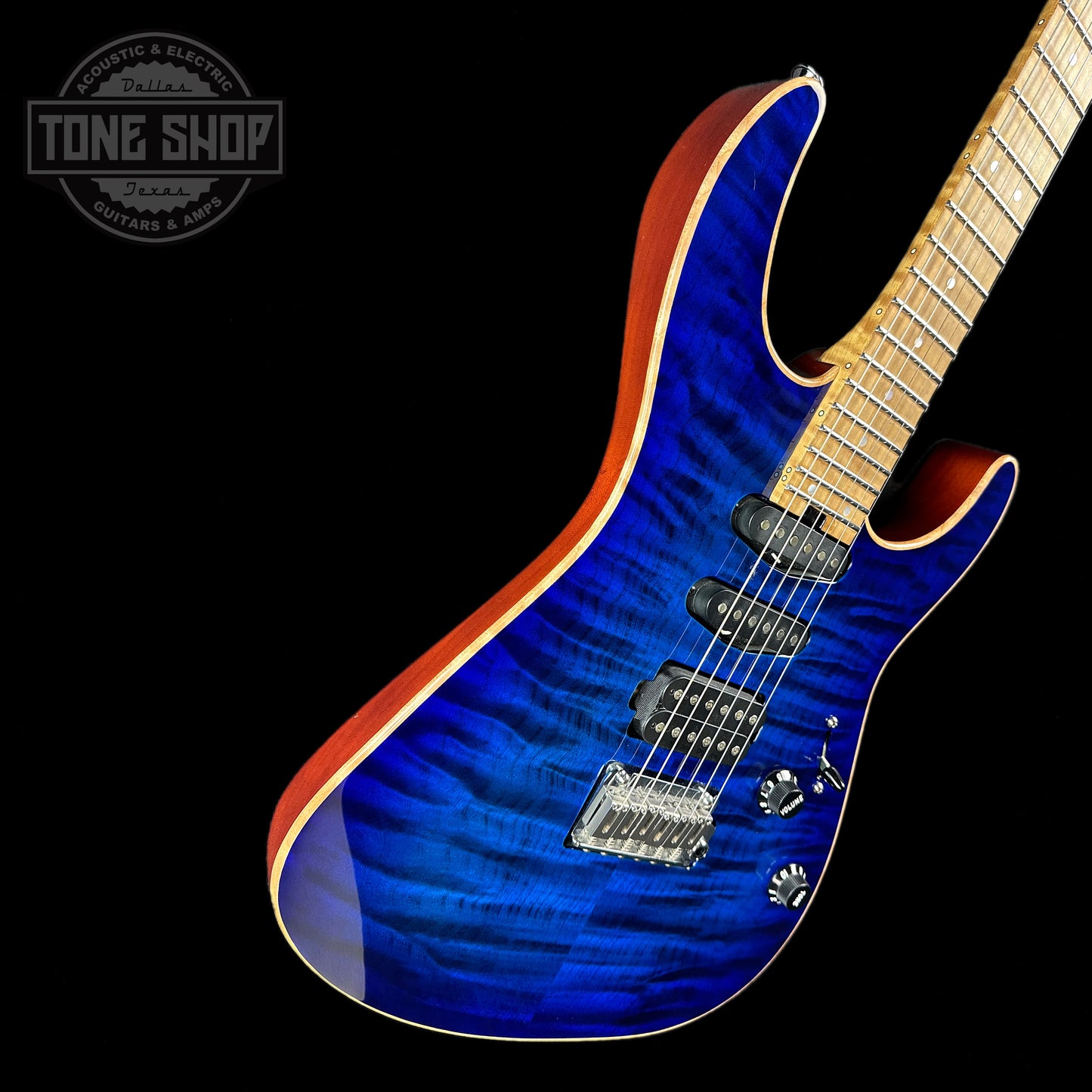 Front angle of Used Charvel USA Select DK24 HSS Blueburst.