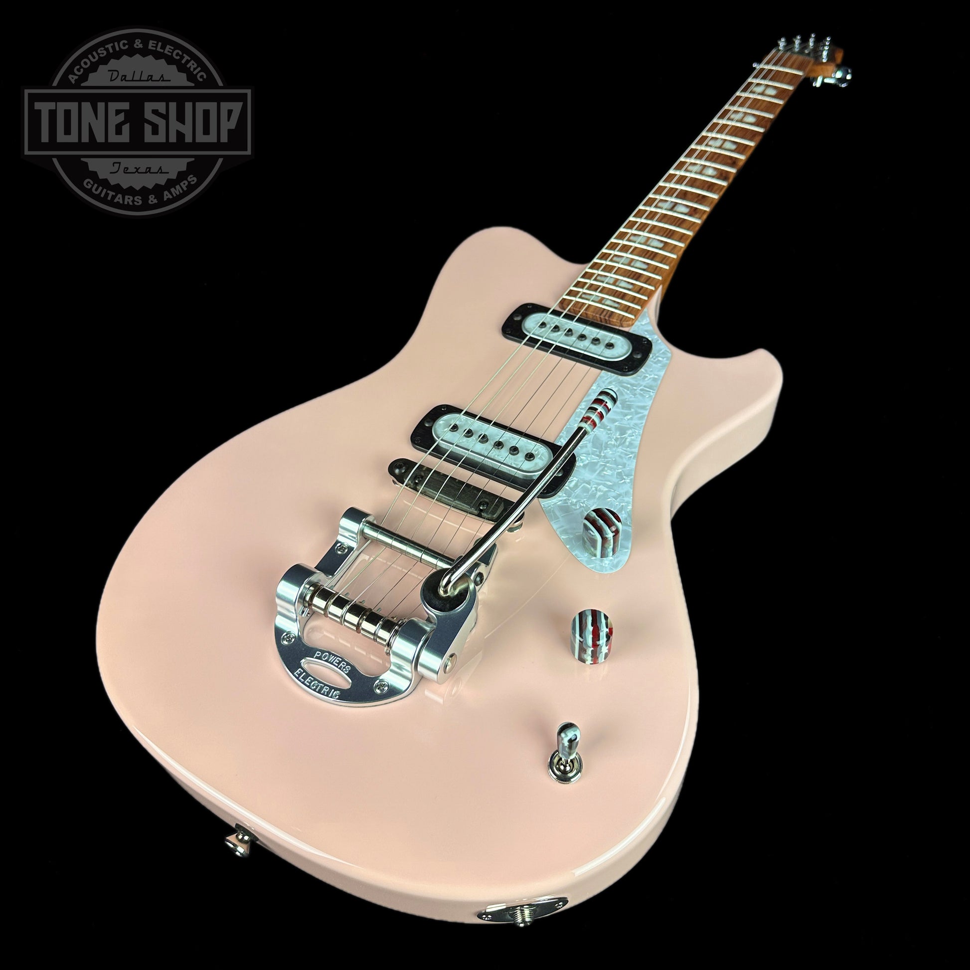 Front angle of Powers Electric A-Type Cochon PInk PF42 Pearl Ebony Neutral CamTail.