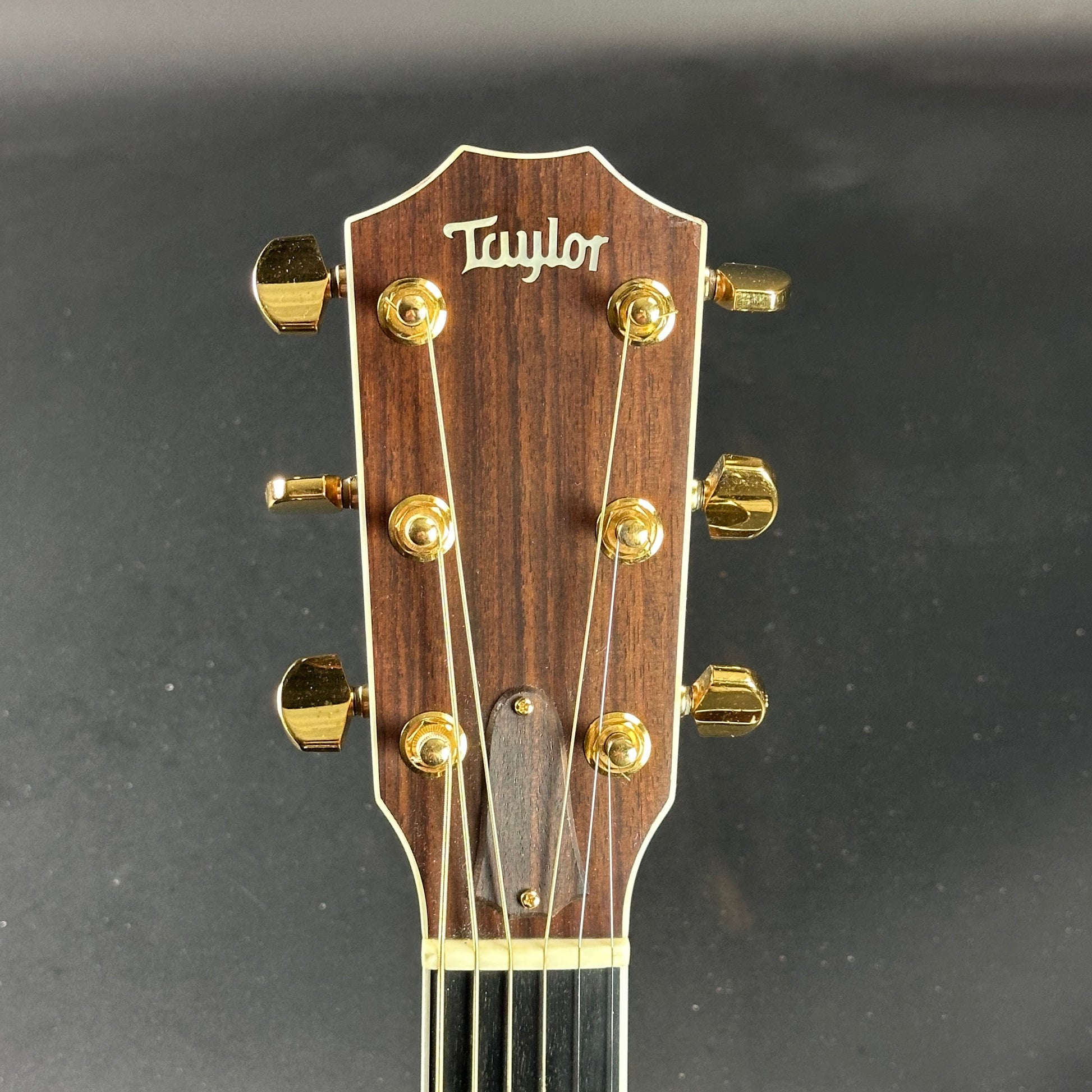 Front of headstock of Used 1992 Taylor 812c Florentine Cutaway.