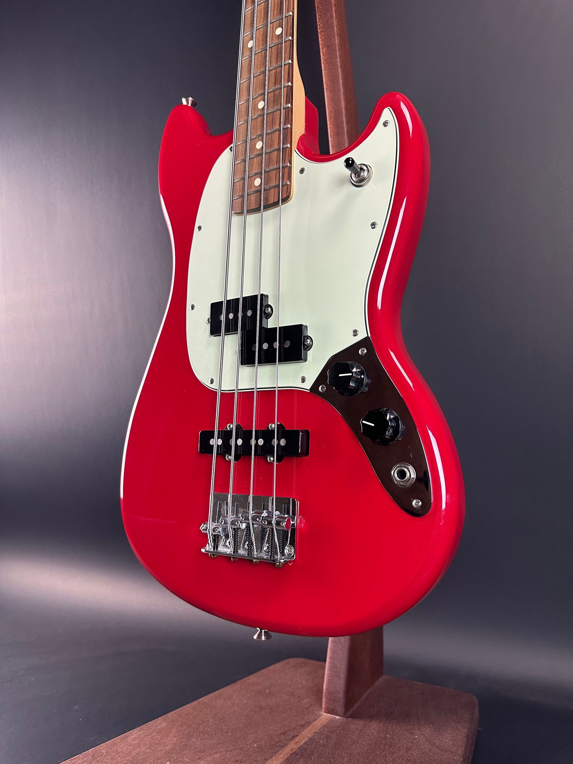 Front angle of Used Fender Mustang PJ Bass Torino Red.