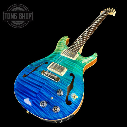 Front angle of PRS Wood Library Hollowbody II Piezo 10-top Blue Fade Maple Neck.