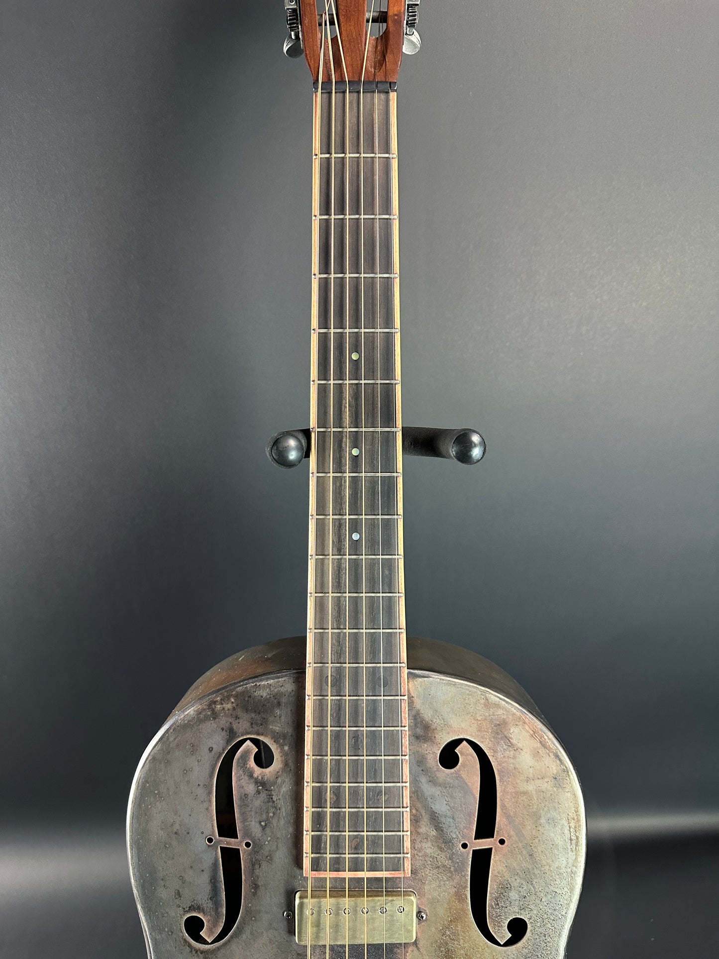 Fretboard of Used Mule Resonator Guitar.