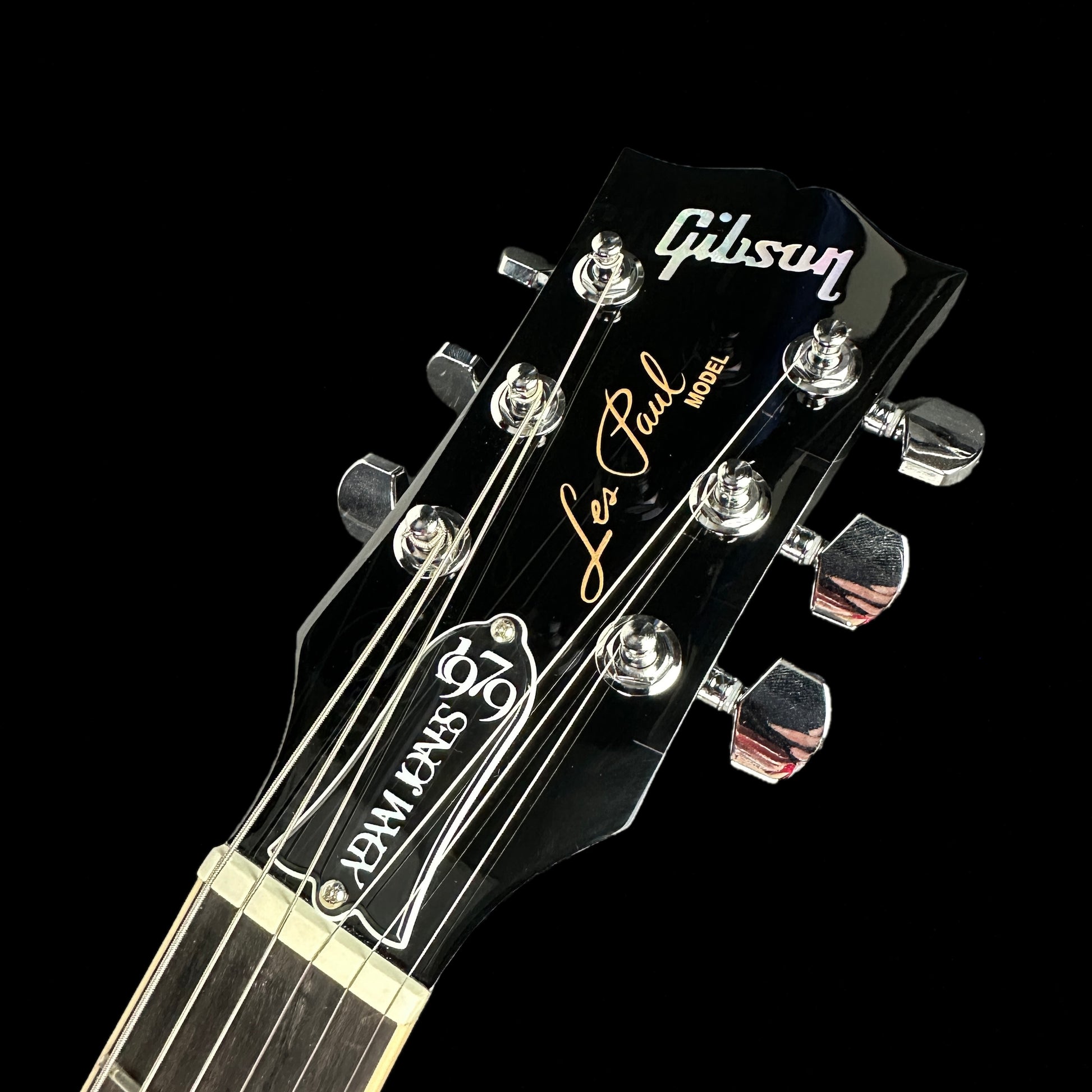 Front of headstock of Used Gibson Adam Jones Les Paul Standard Silverburst.