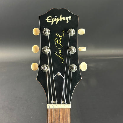 Front of headstock of Used Epiphone Les Paul Junior Burst.