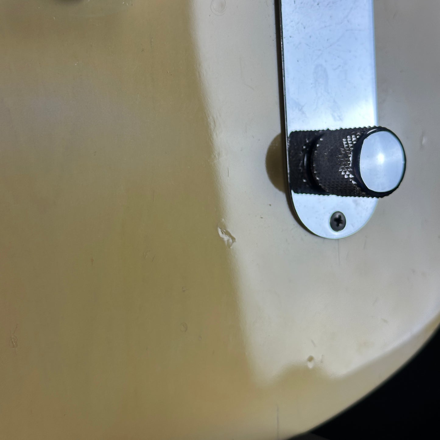 Wear near controls of Vintage 1968 Fender Telecaster Vintage White.