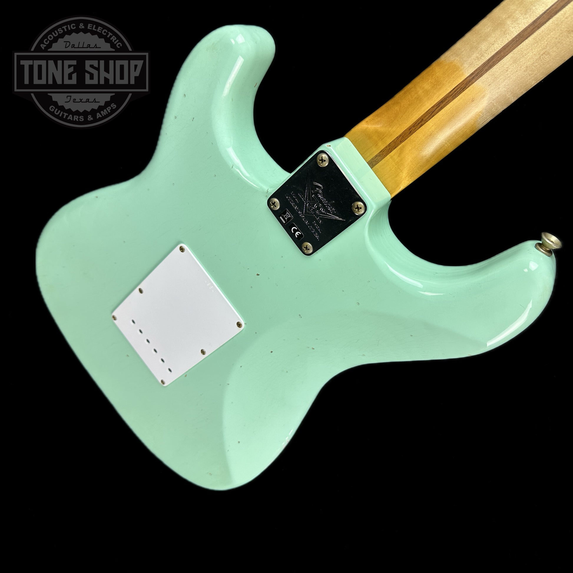 Back angle of Fender Custom Shop LTD 70th Anniversary 1954 Stratocaster Surf Green.