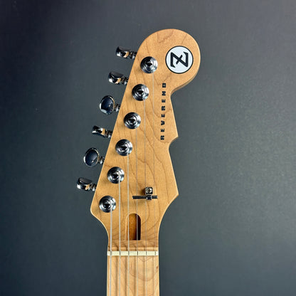 Front of headstock of Namm Demo Reverend Billy Corgan Z-One Silver Freeze.