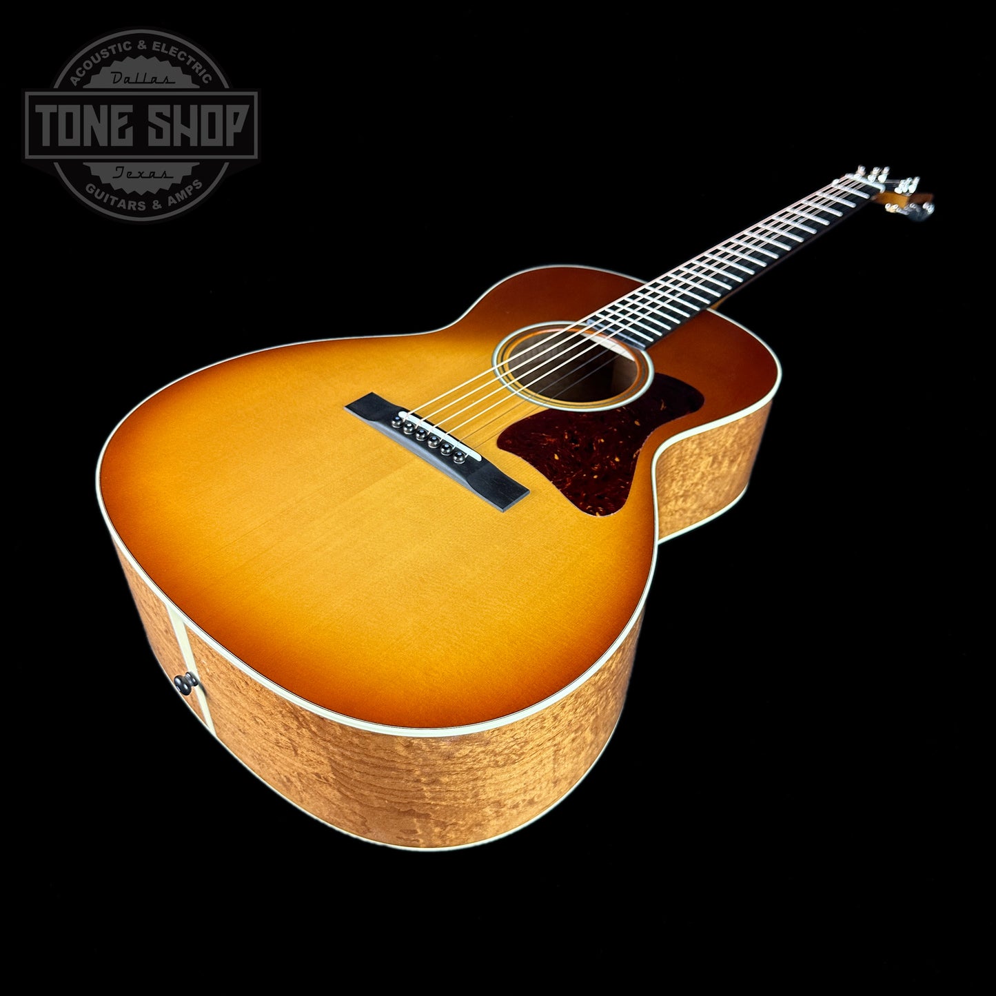 Front angle of Collings C10 Deep Body Western Sunburst Sitka/Bubble Maple.