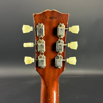 Back of headstock of Used Gibson Murphy Lab Light Aged Double Gold 1957 Les Paul Goldtop Dark Back.