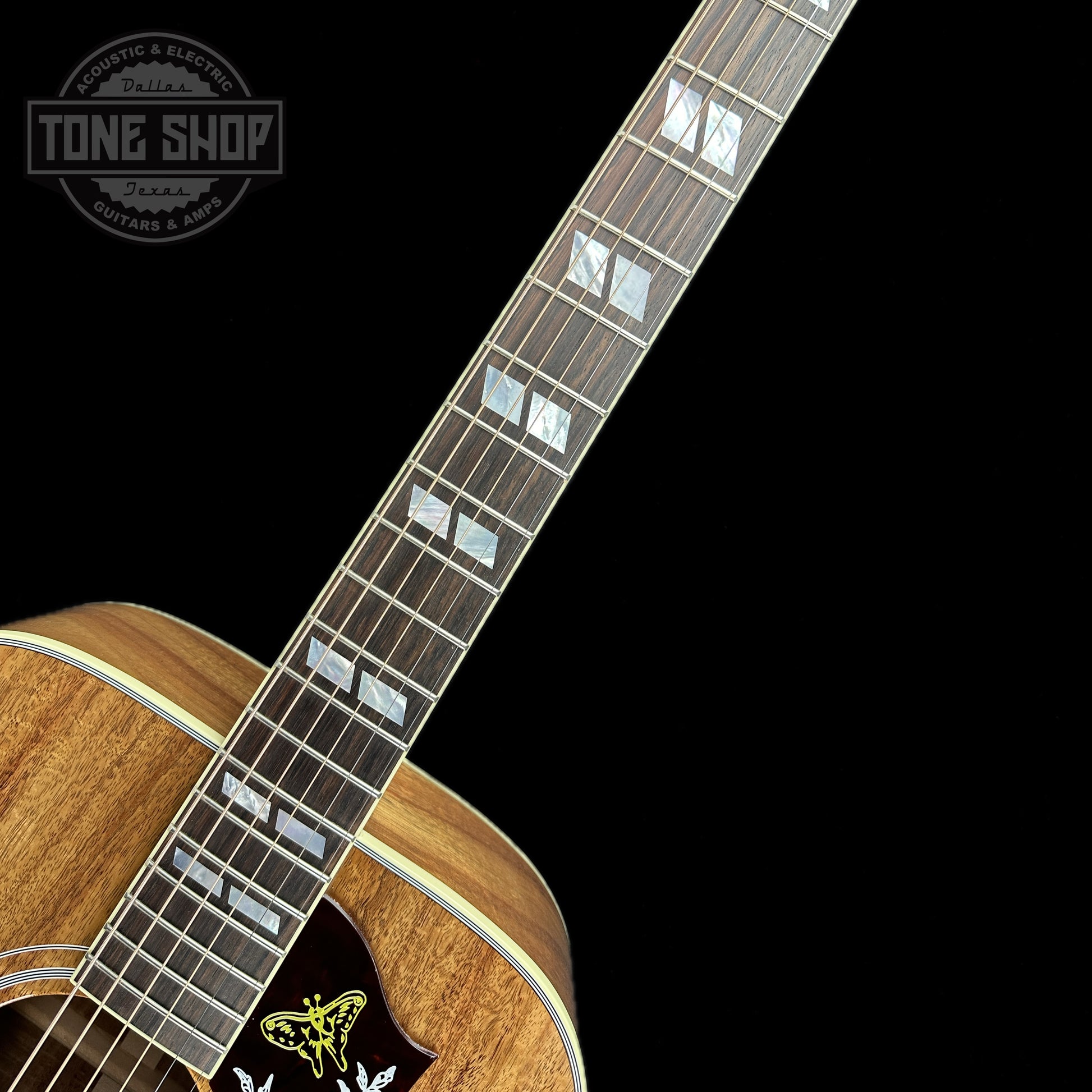 Fretboard of Gibson Custom Shop M2M All Koa Hummingbird Gold Hardware Grover Tulips.