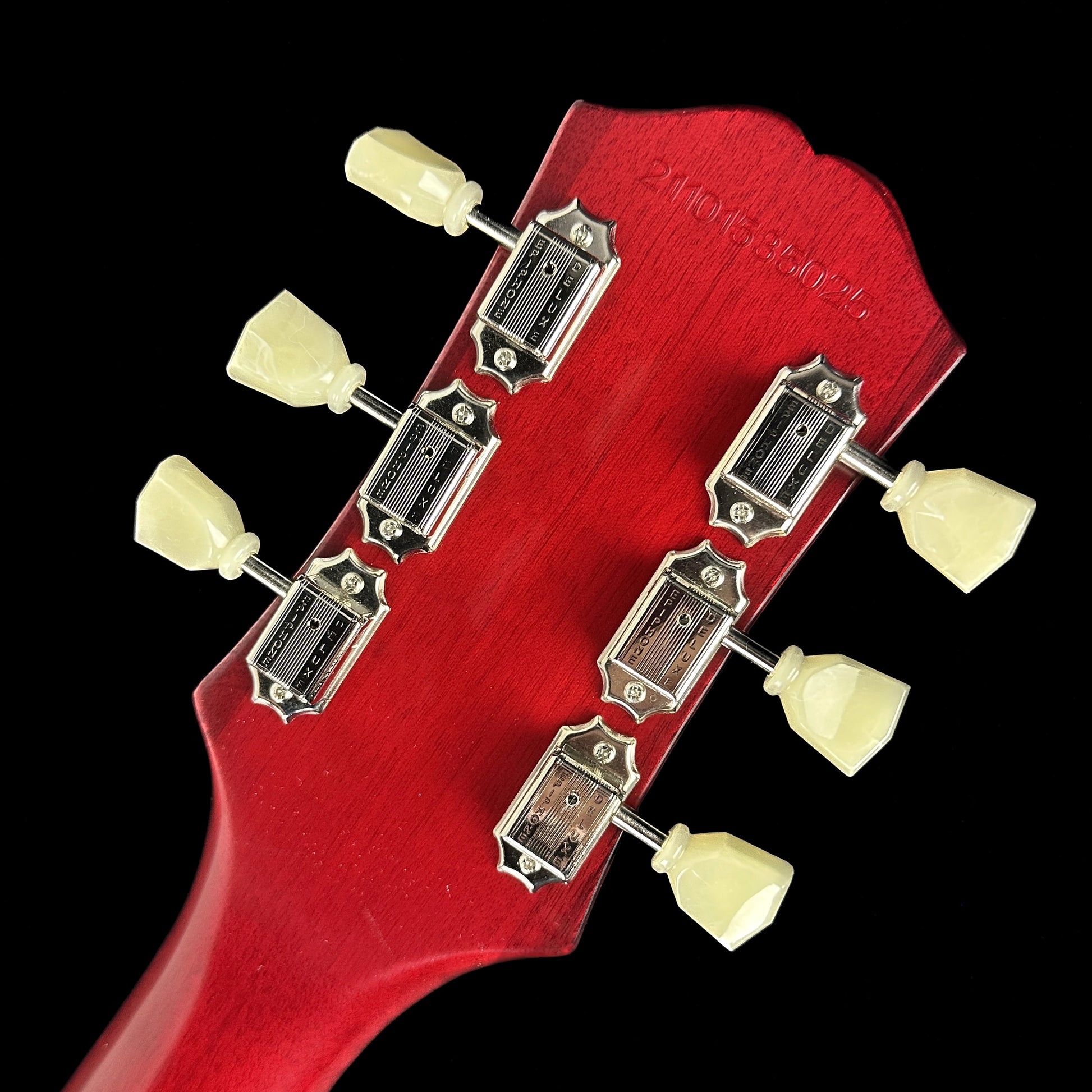 Back of headstock of Used Epiphone Limited 1959 Les Paul Standard Aged Dark Cherry Burst.