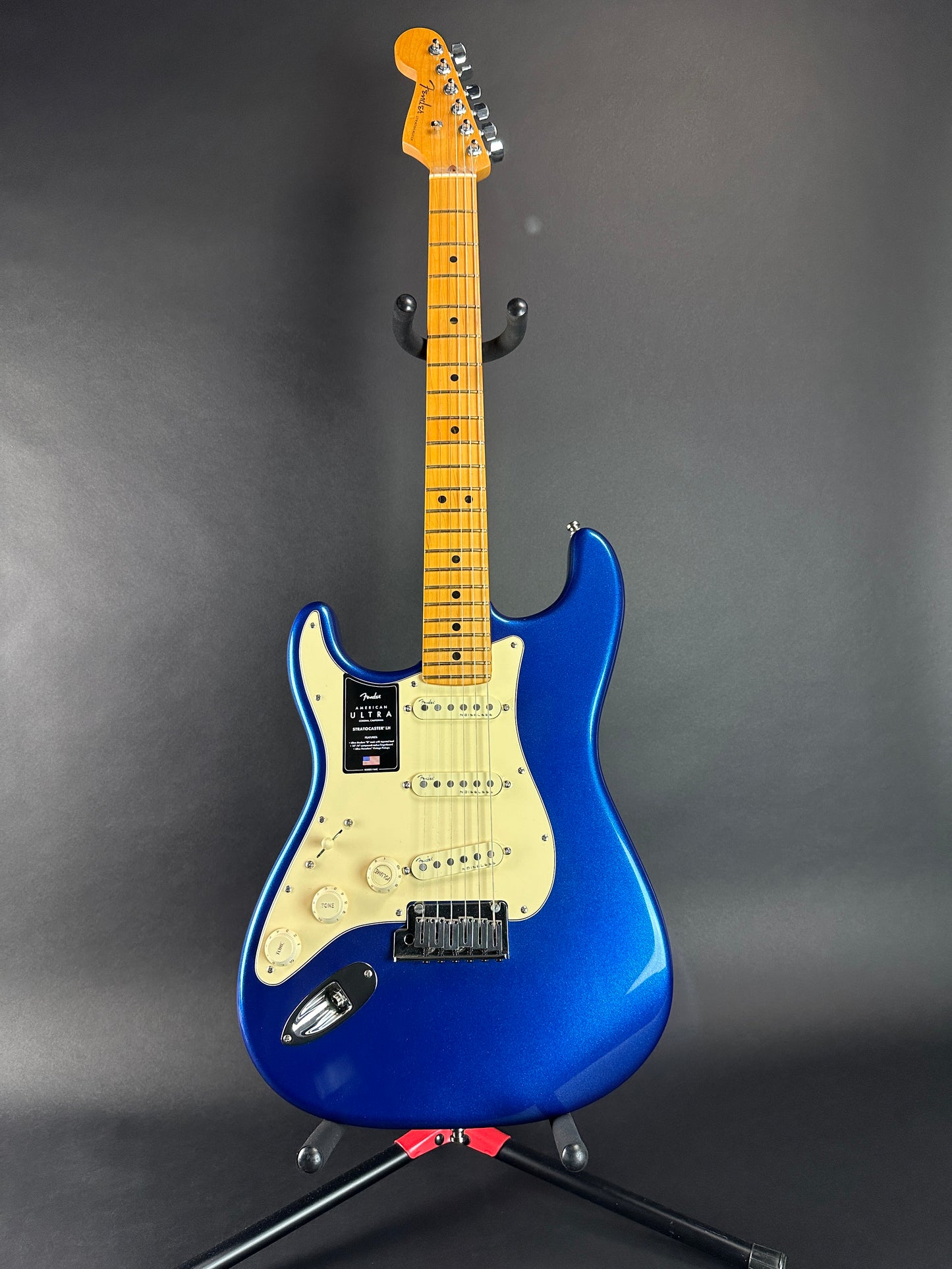 Full front of Used Fender American Ultra Stratocaster Left Hand Cobra Blue.