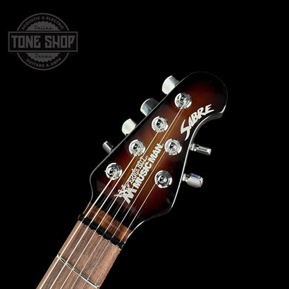 Front of headstock of Used Ernie Ball MusicMan Sabre HT.