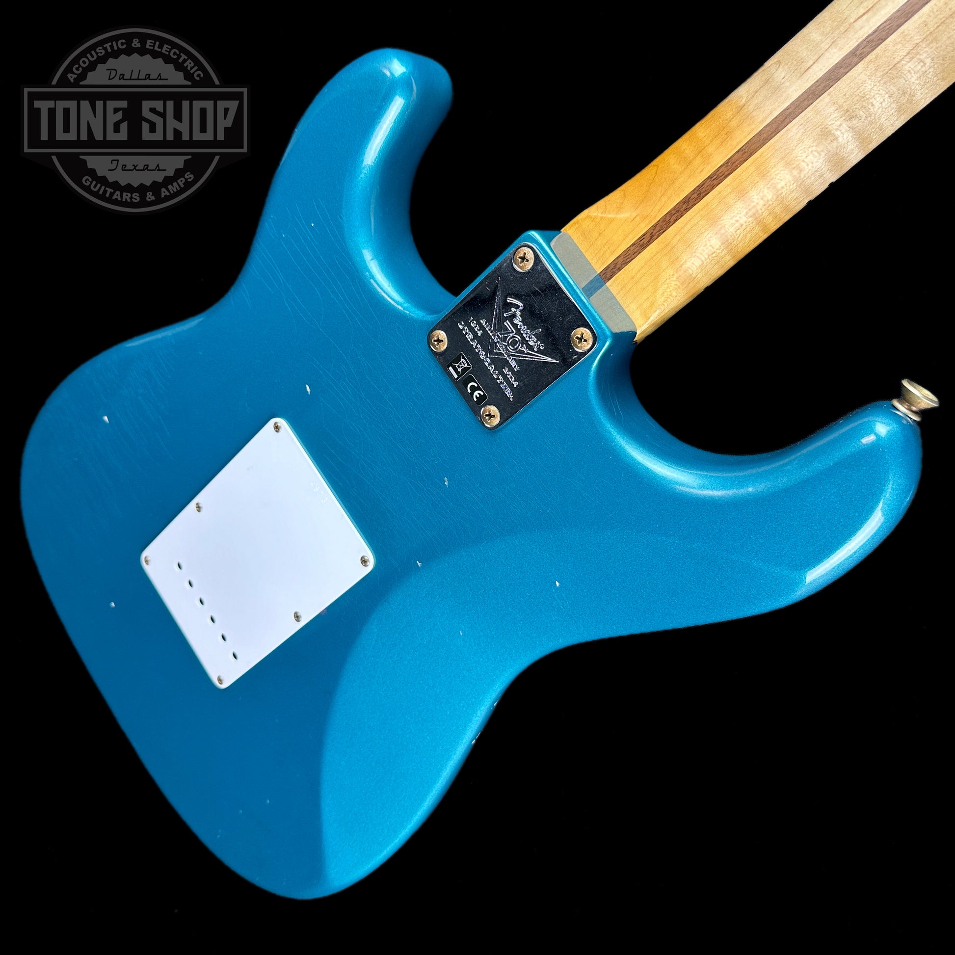 Back angle of Fender Custom Shop LTD 70th Anniversary 1954 Stratocaster Ocean Turquoise.