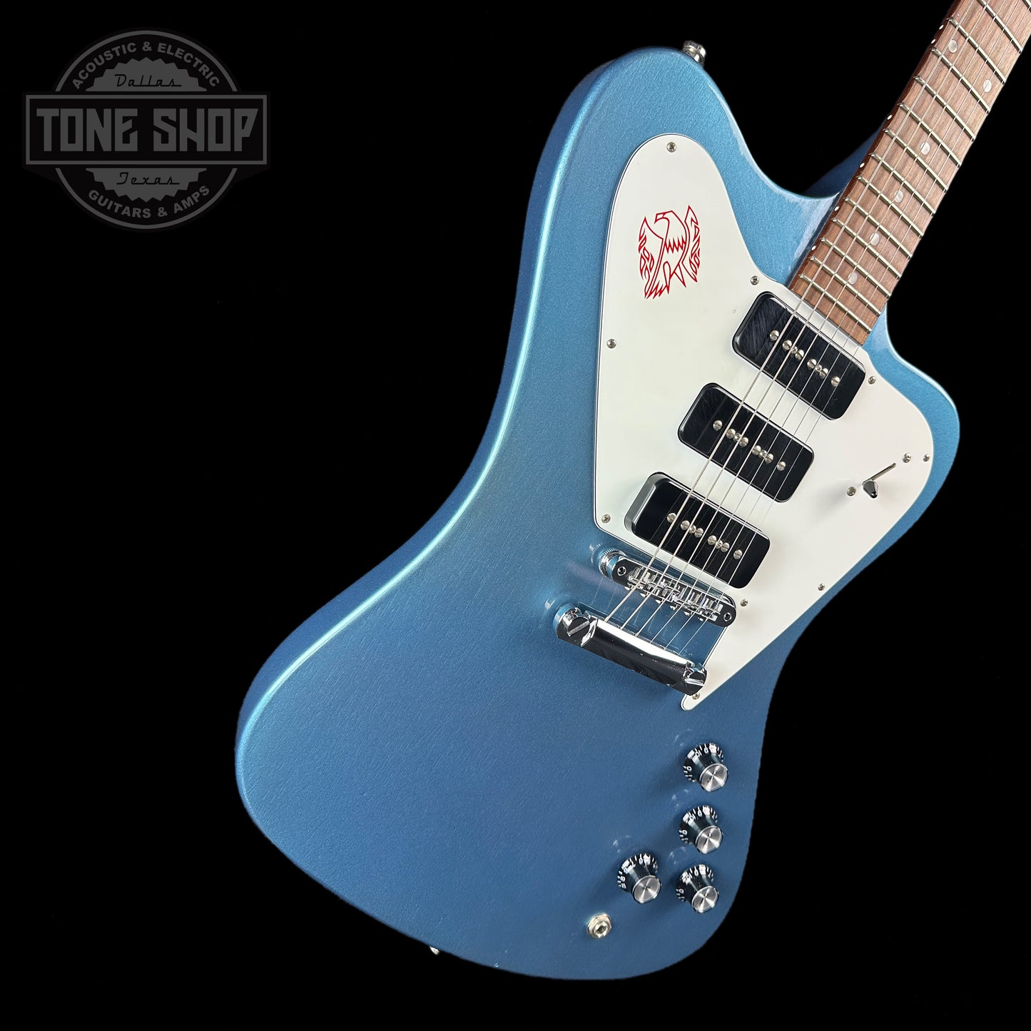 Front angle of Used Gibson Non-Reverse Firebird Pelham Blue.