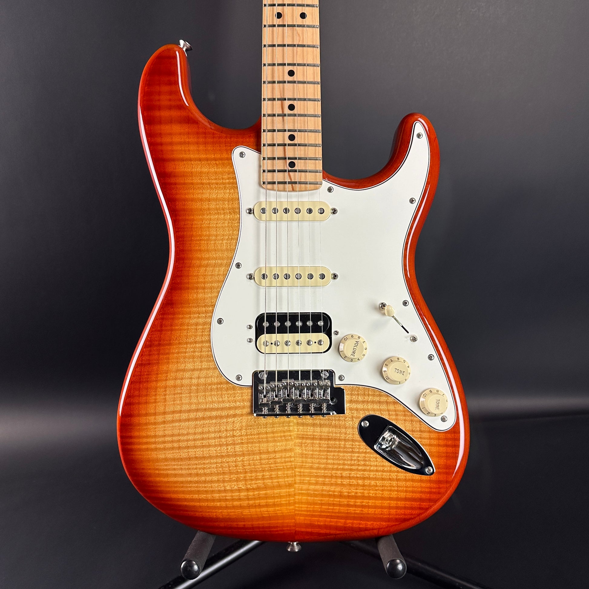 Front of Used Fender Limited Edition Player Strat HSS Sienna Burst.